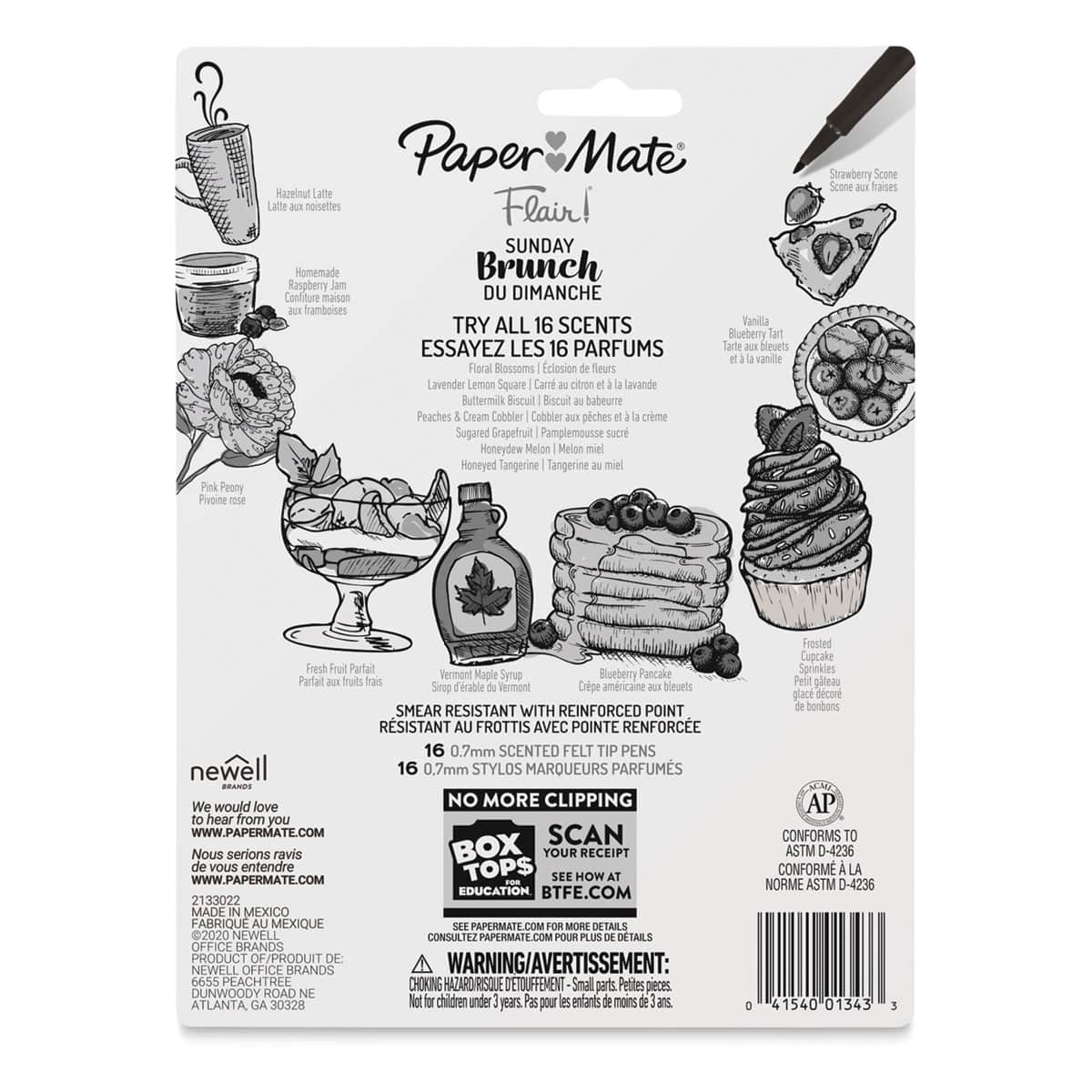 Paper Mate Flair Scented Pens - Sunday Brunch, Set of 16, back of the packaging