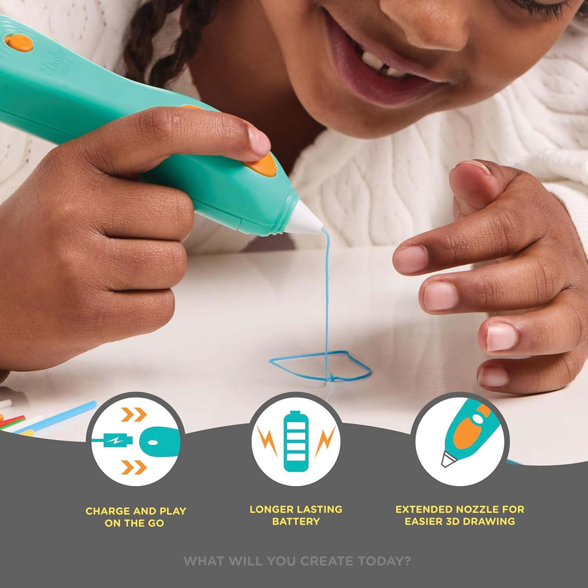 Charge and play on the go. Longer lasting battery. Extended nozzle for easier 3D drawing.