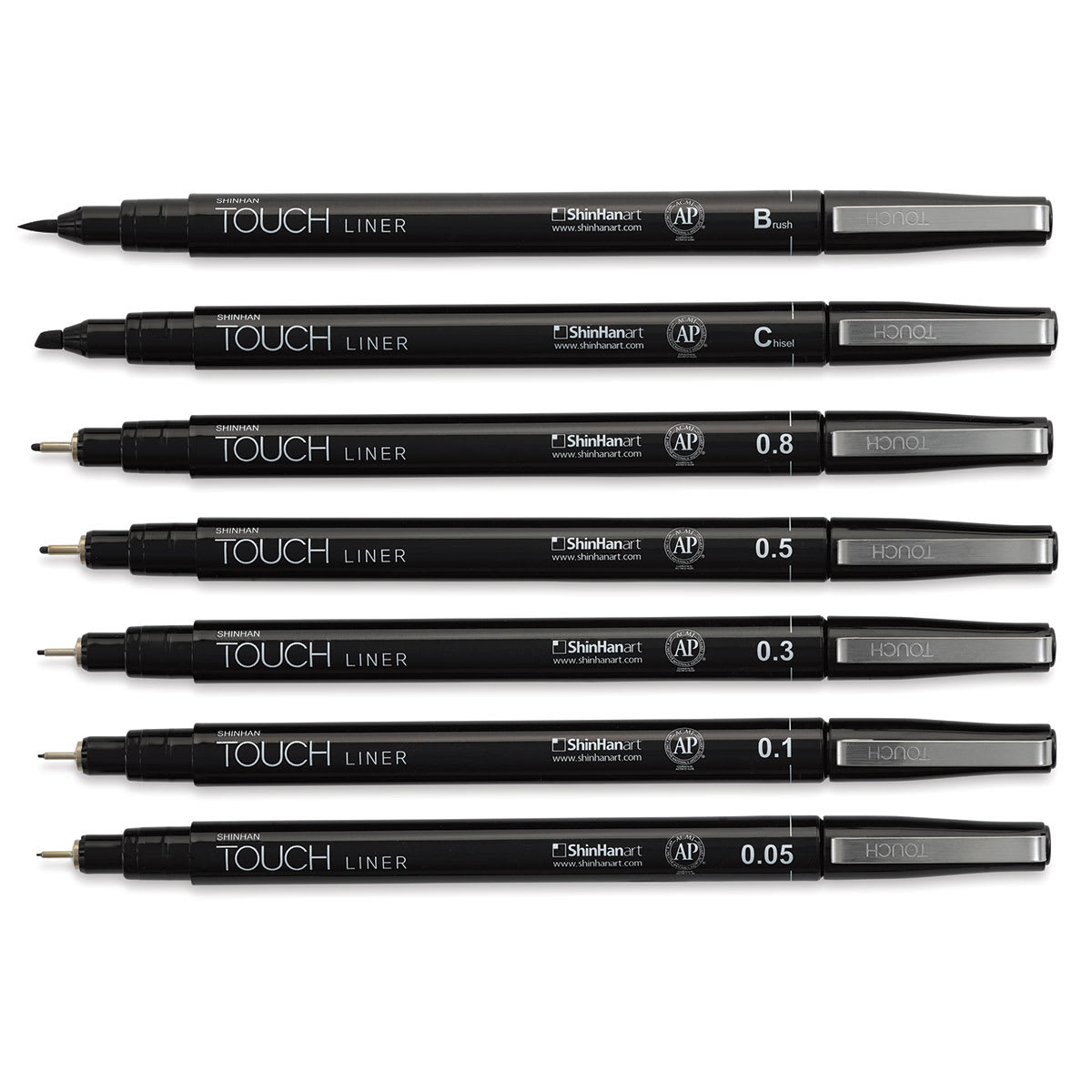 Shinhan Touch Liner Pens - Black, Set of 7 (pens with caps off)