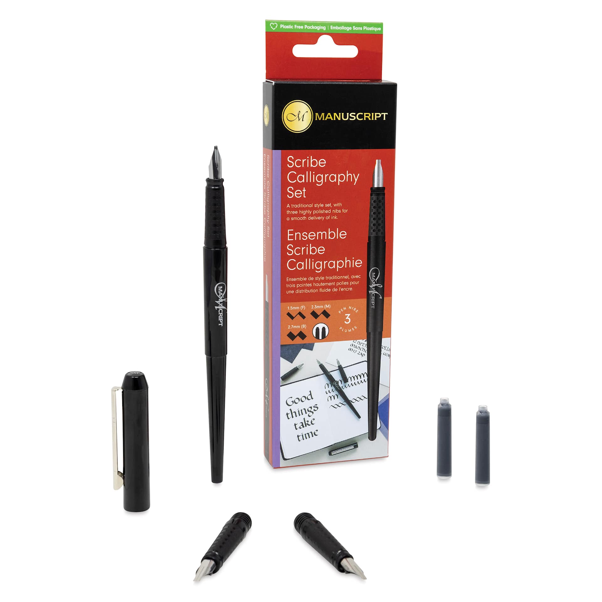 Manuscript Calligraphy Fountain Pen - Scribe Set, contents laid out next to packaging Manuscript Calligraphy Fountain Pen - Scribe Set, contents laid out next to packaging