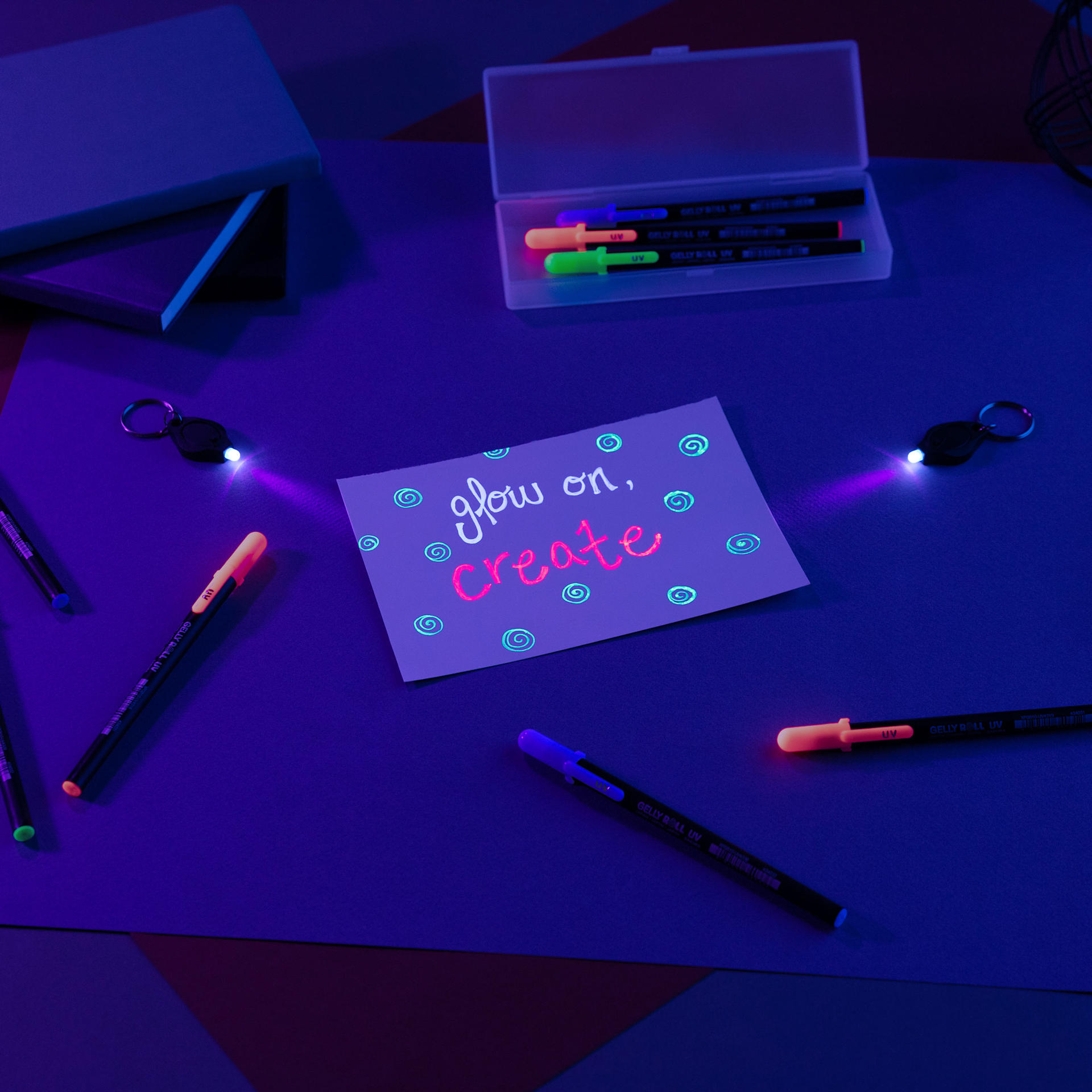 Sakura Gelly Roll UV Pens Set, card design created with pens shown under UV light