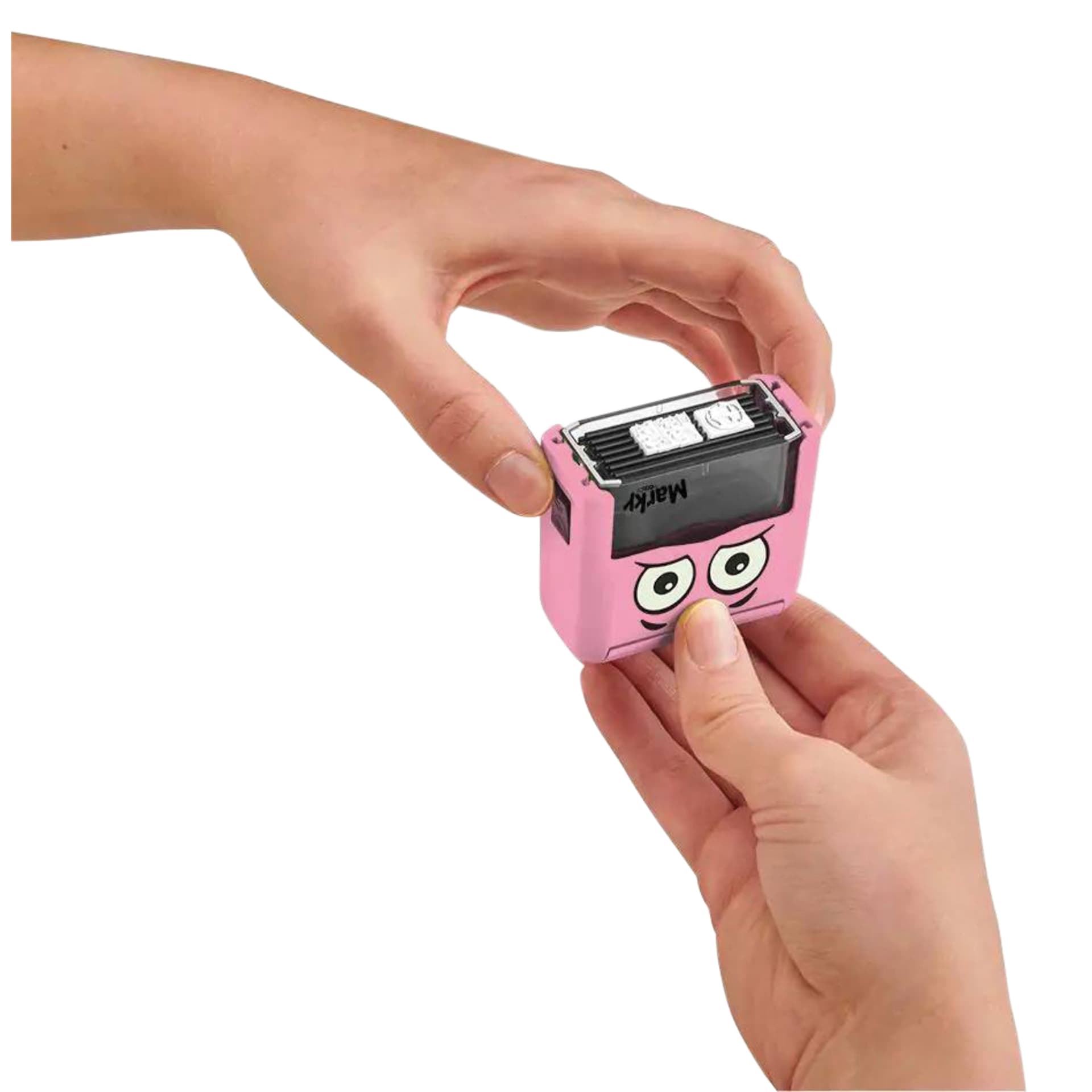 Colop DIY Marky Textile Stamp Set - Pink pressing down stamp to show set up text plate