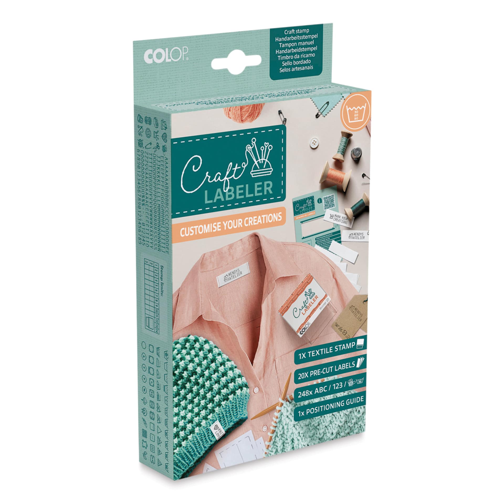 Colop Craft Labeler Textile Stamp Set showing front of packaging