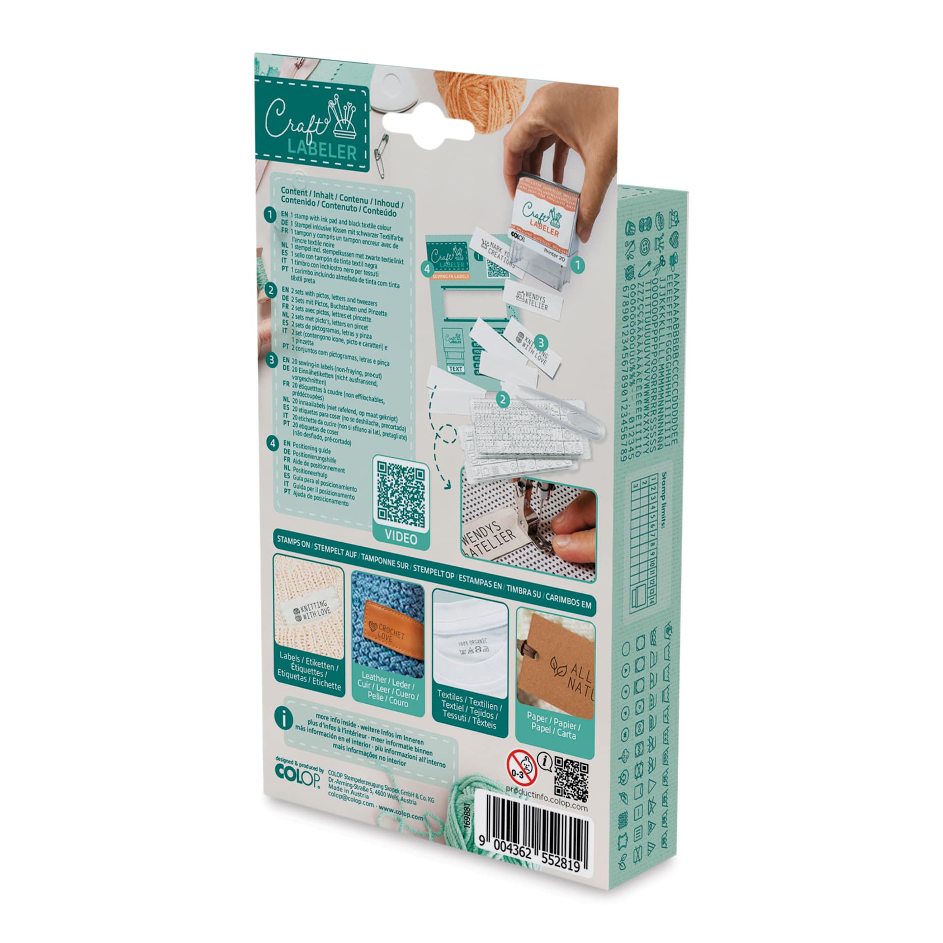 Colop Craft Labeler Textile Stamp Set back of packaging