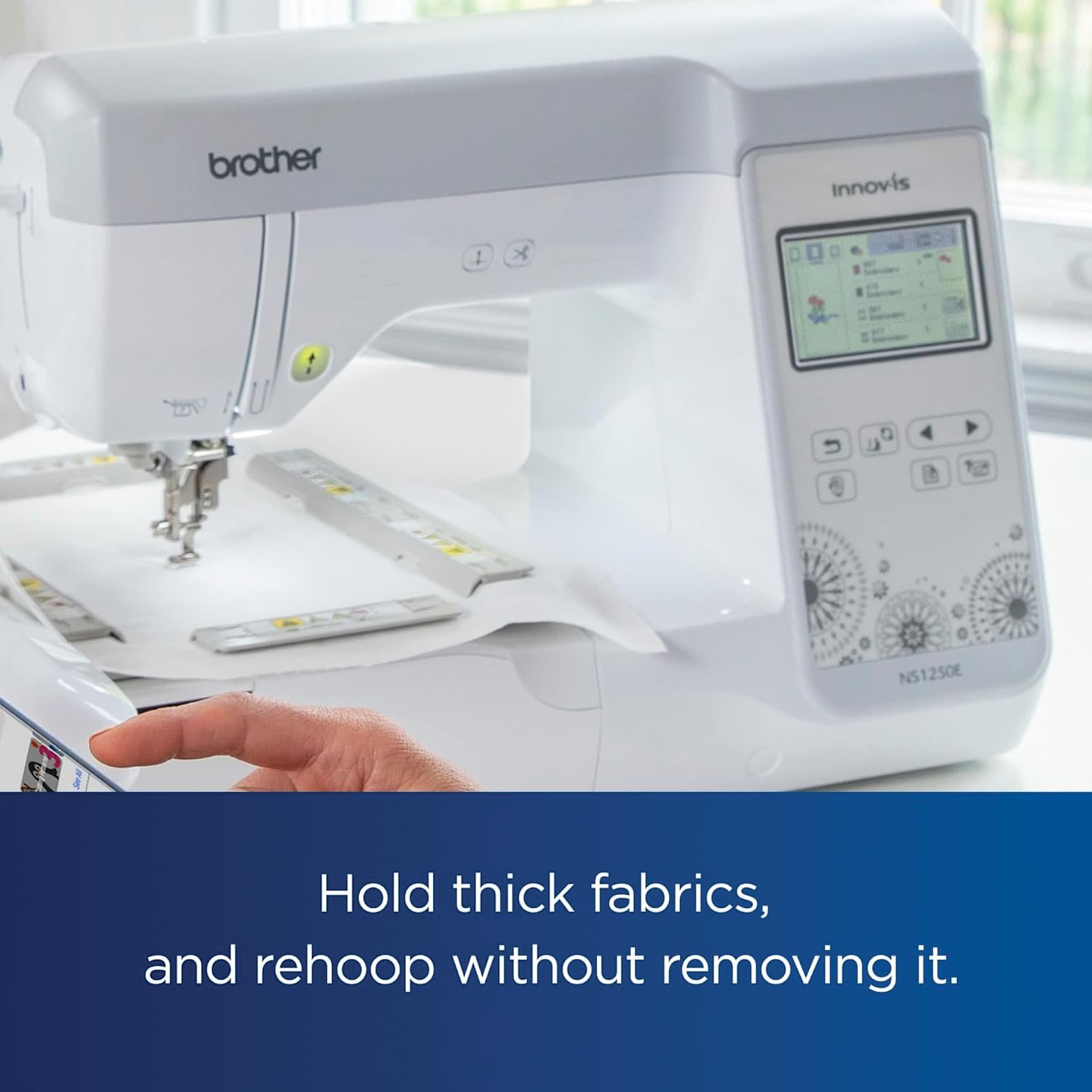 Hold thick fabrics, and rehoop without removing it.