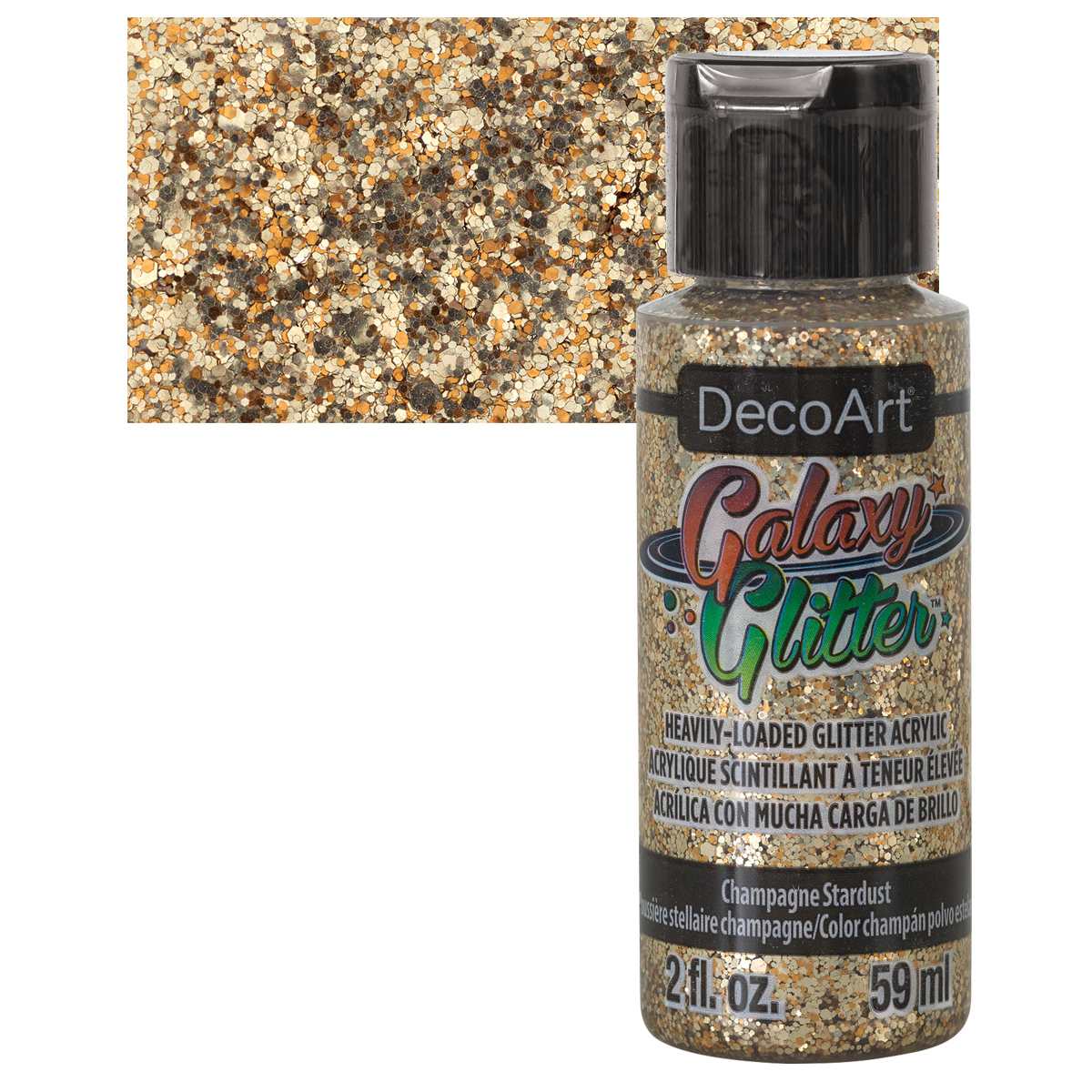 DecoArt Galaxy Glitter Paint - Champagne Stardust, 2 oz bottle and swatch
