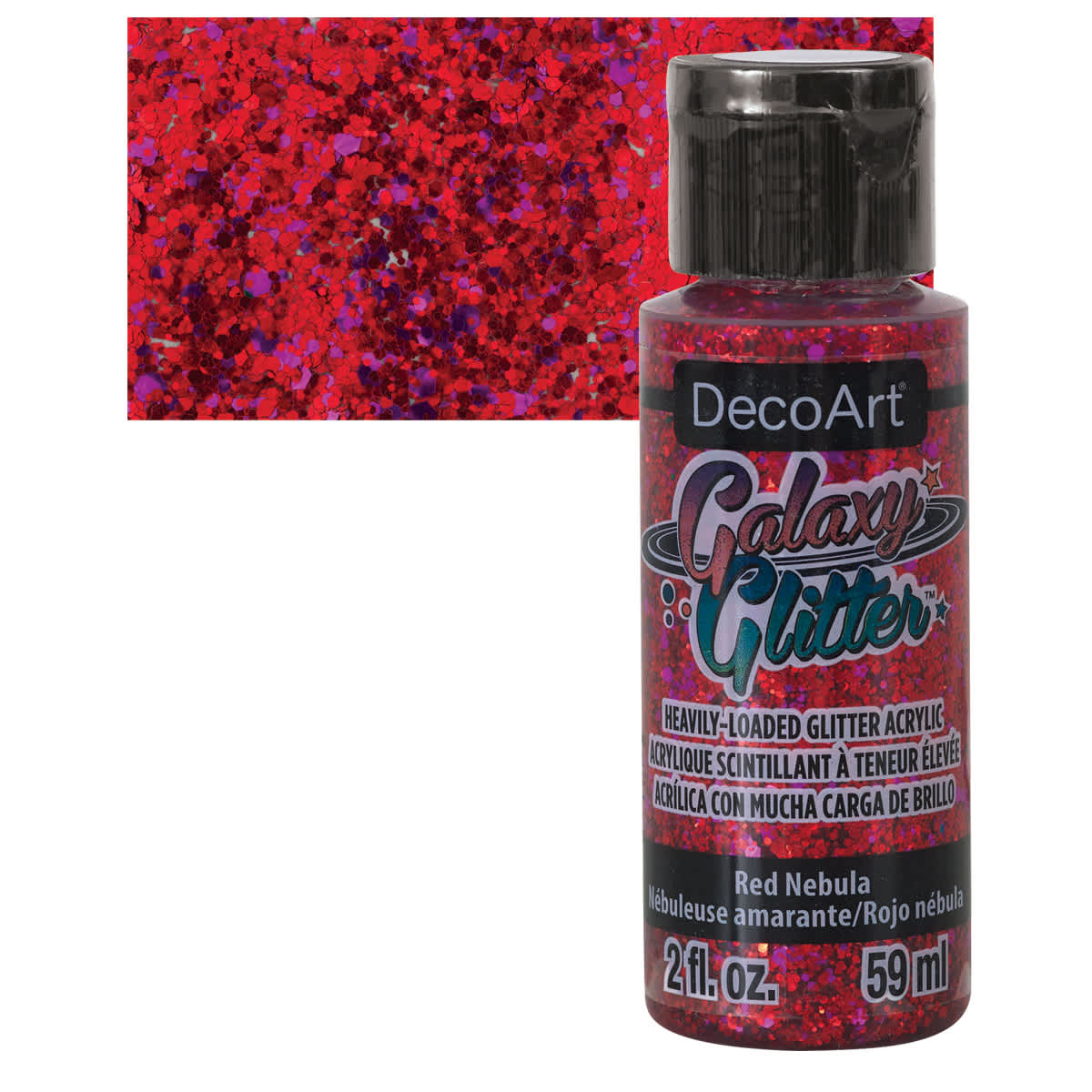 DecoArt Galaxy Glitter Paint - Red Nebula, 2 oz bottle and swatch