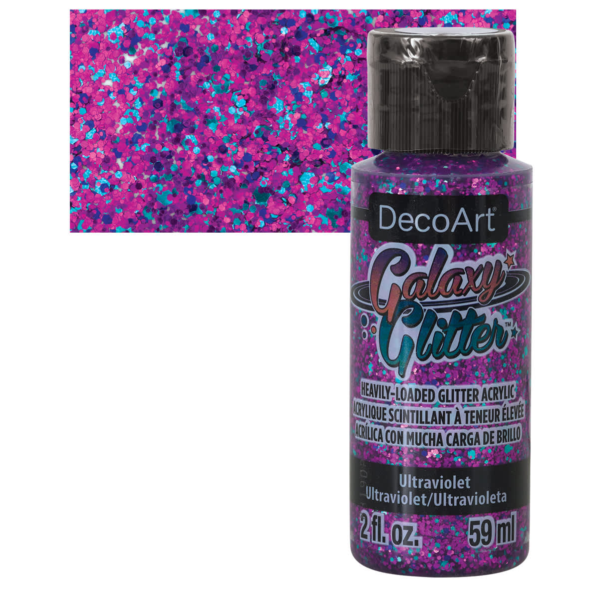 DecoArt Galaxy Glitter Paint - Ultraviolet, 2 oz bottle and swatch