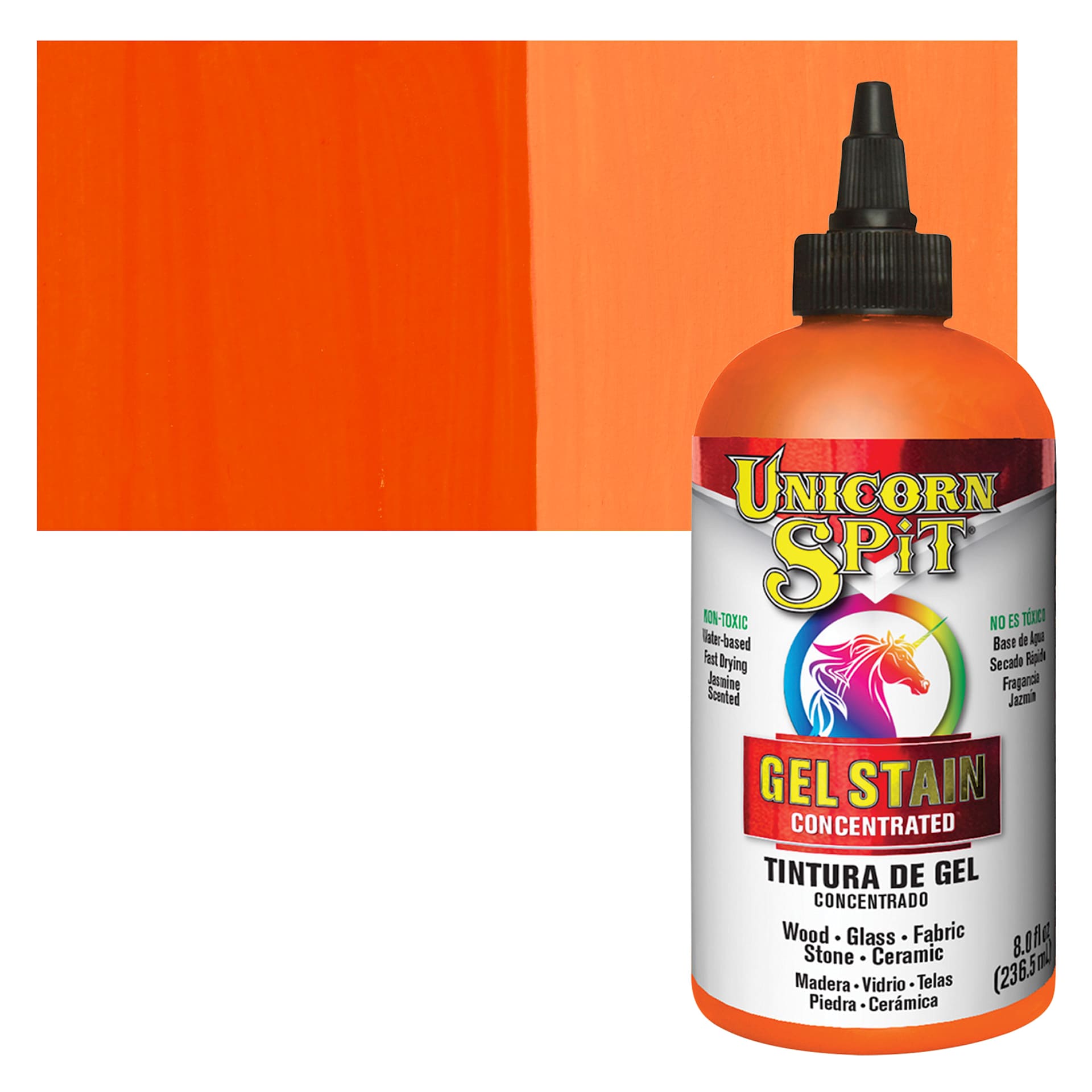 Unicorn Spit Gel Stain and Glaze - Phoenix Fire, 8 oz - Bottle and Swatch