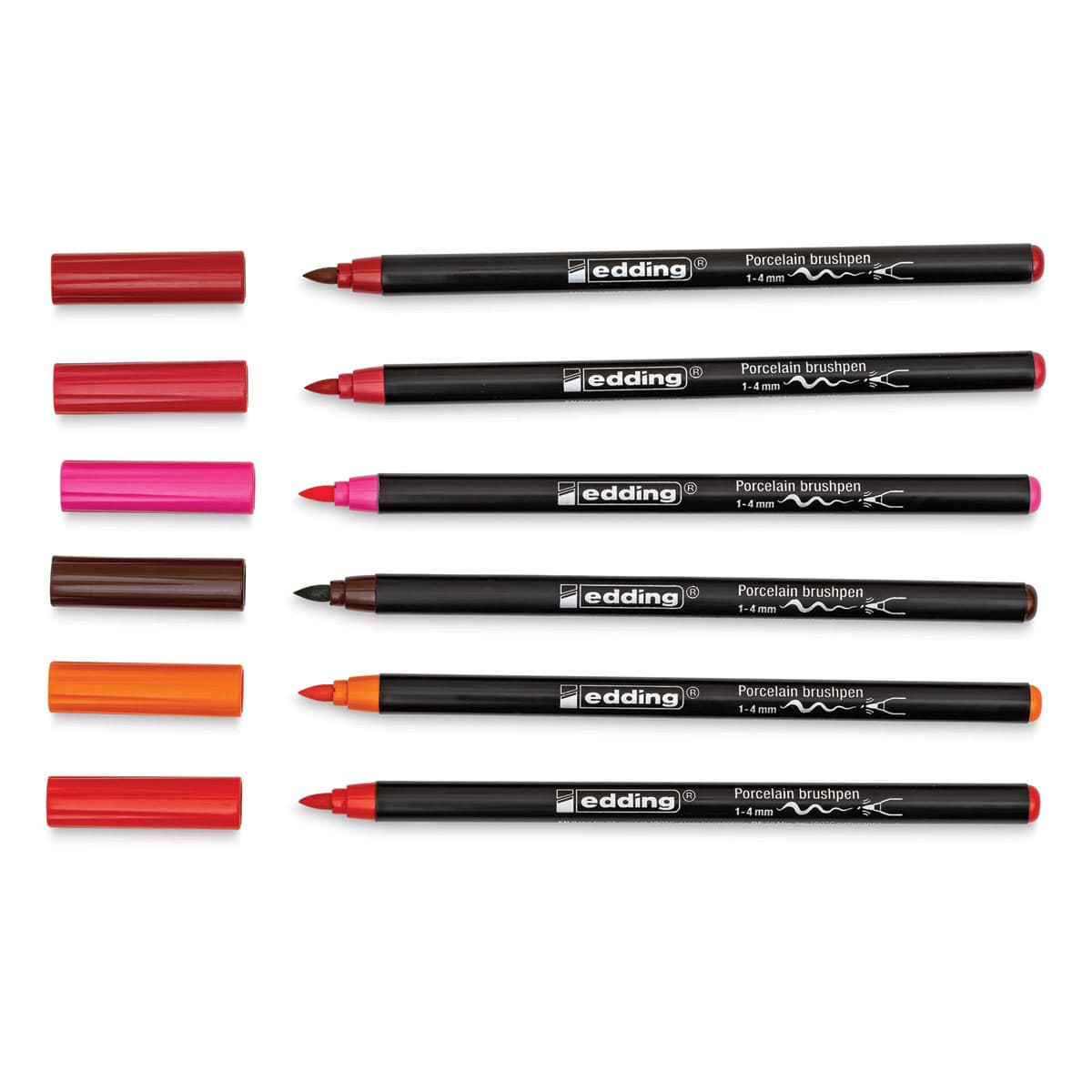 Edding 4200 Series Porcelain Brush Pens - Set of 6, Warm (Pens with caps off)