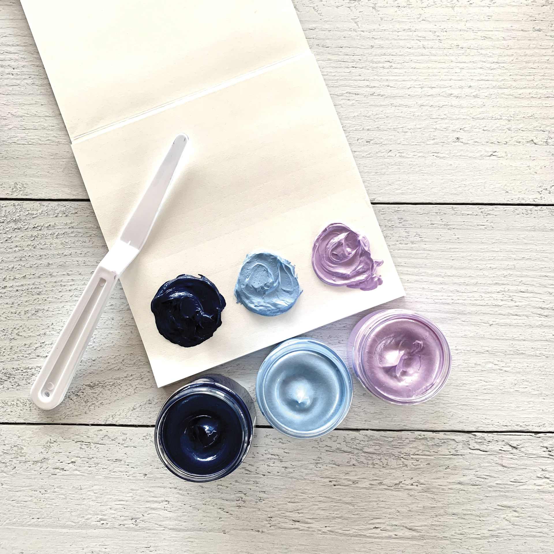 Stencil Butter Acrylic Paints - Pkg of 4, Blueberry Meadow, 2 oz Jars open with palette knife