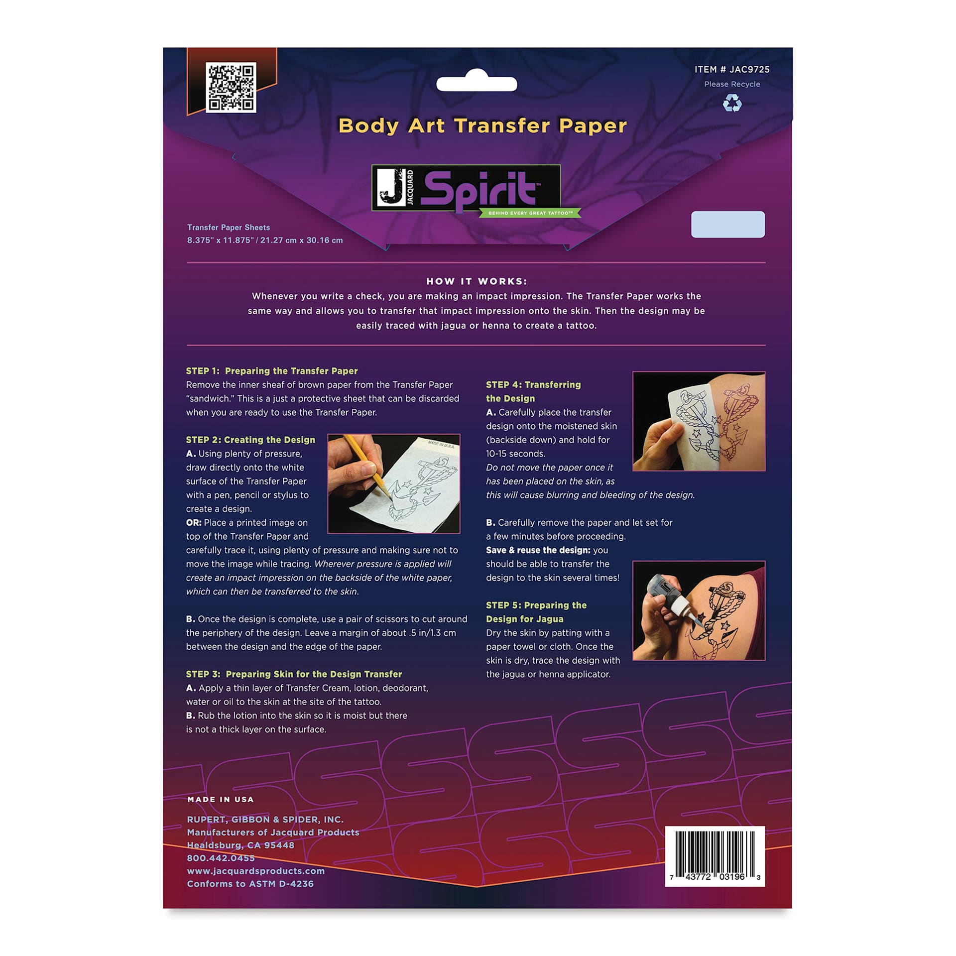 Jacquard Spirit Body Art Transfer Paper - 10 sheets, 11-7/8" x 8-3/8" (Back of package)