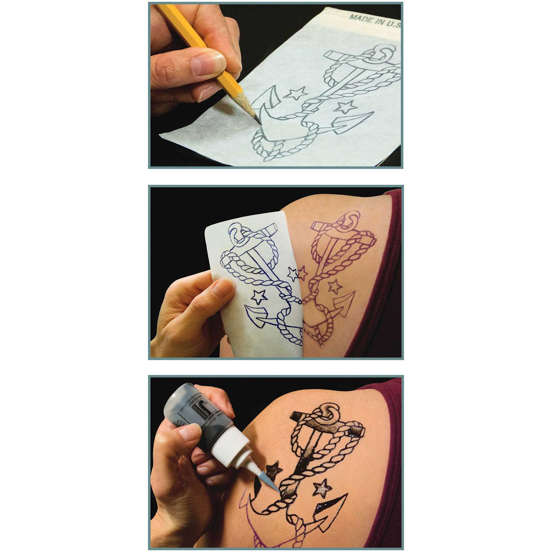 Jacquard Spirit Body Art Transfer Paper - 10 sheets, 11-7/8" x 8-3/8" (Anchor being transferred onto skin)