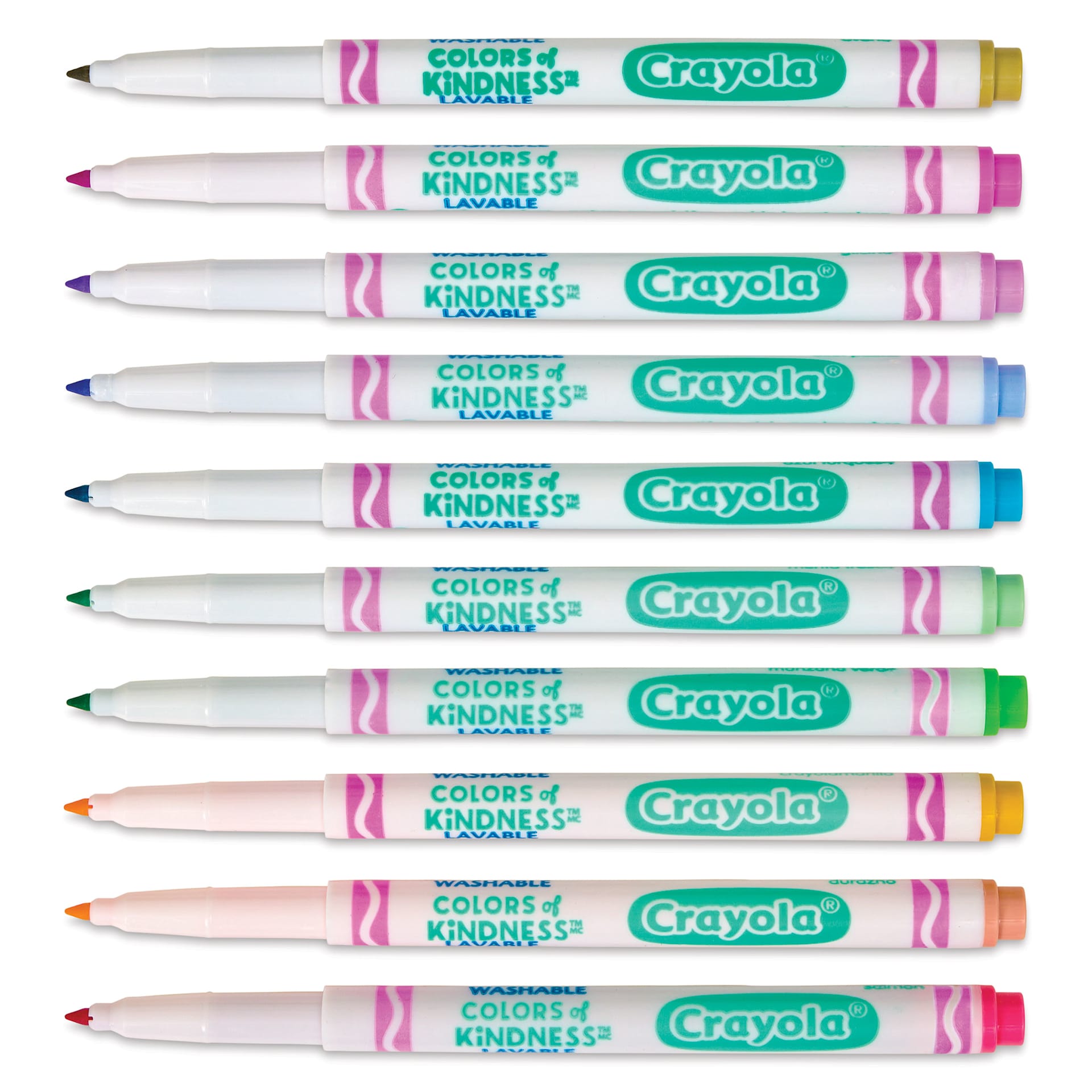 Crayola Ultra-Clean Washable Marker Set - Colors of Kindness, Fine Line, Set of 10 contents with caps off