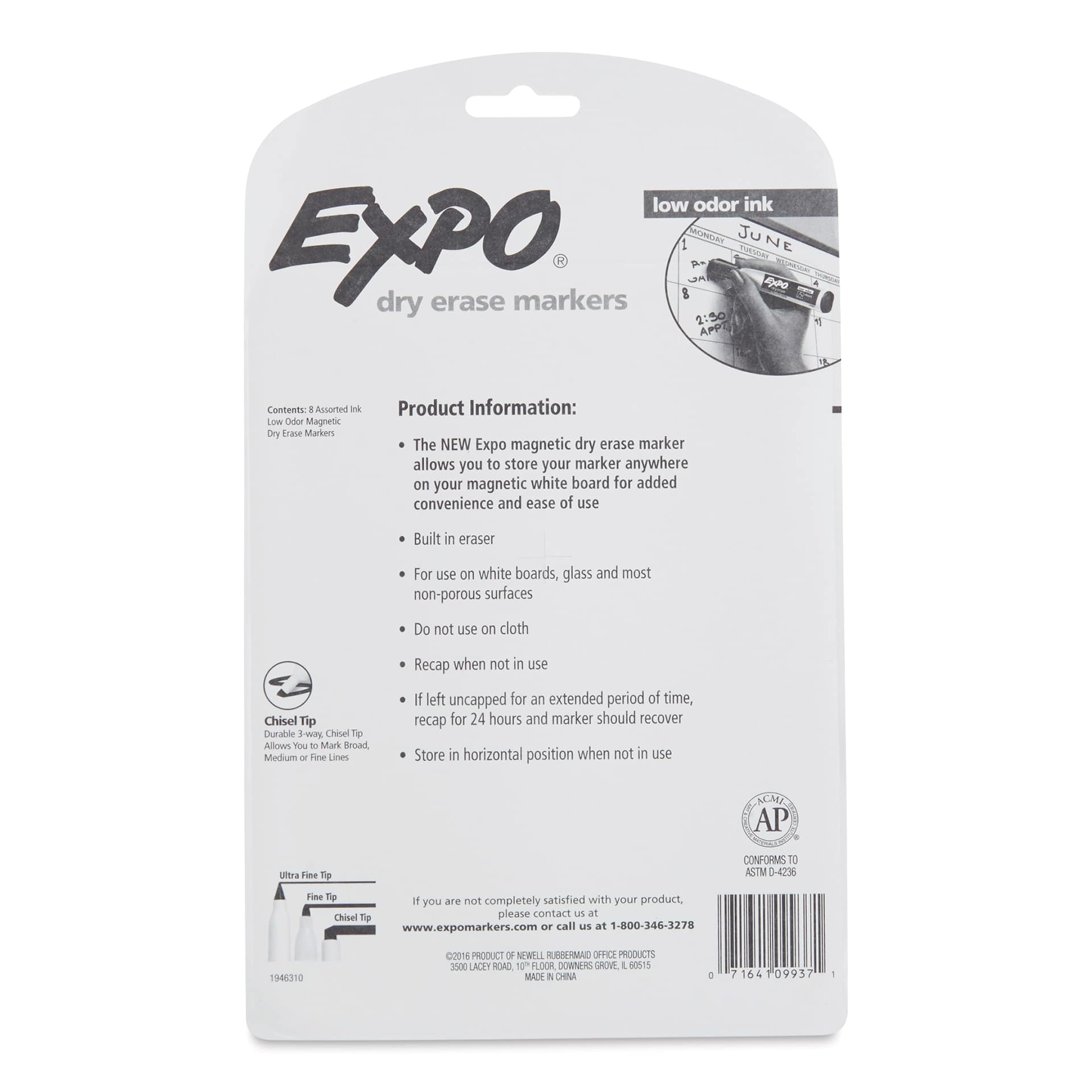 Expo Magnetic Dry Erase Markers - Chisel Tip, Assorted, Set of 8, back of the packaging