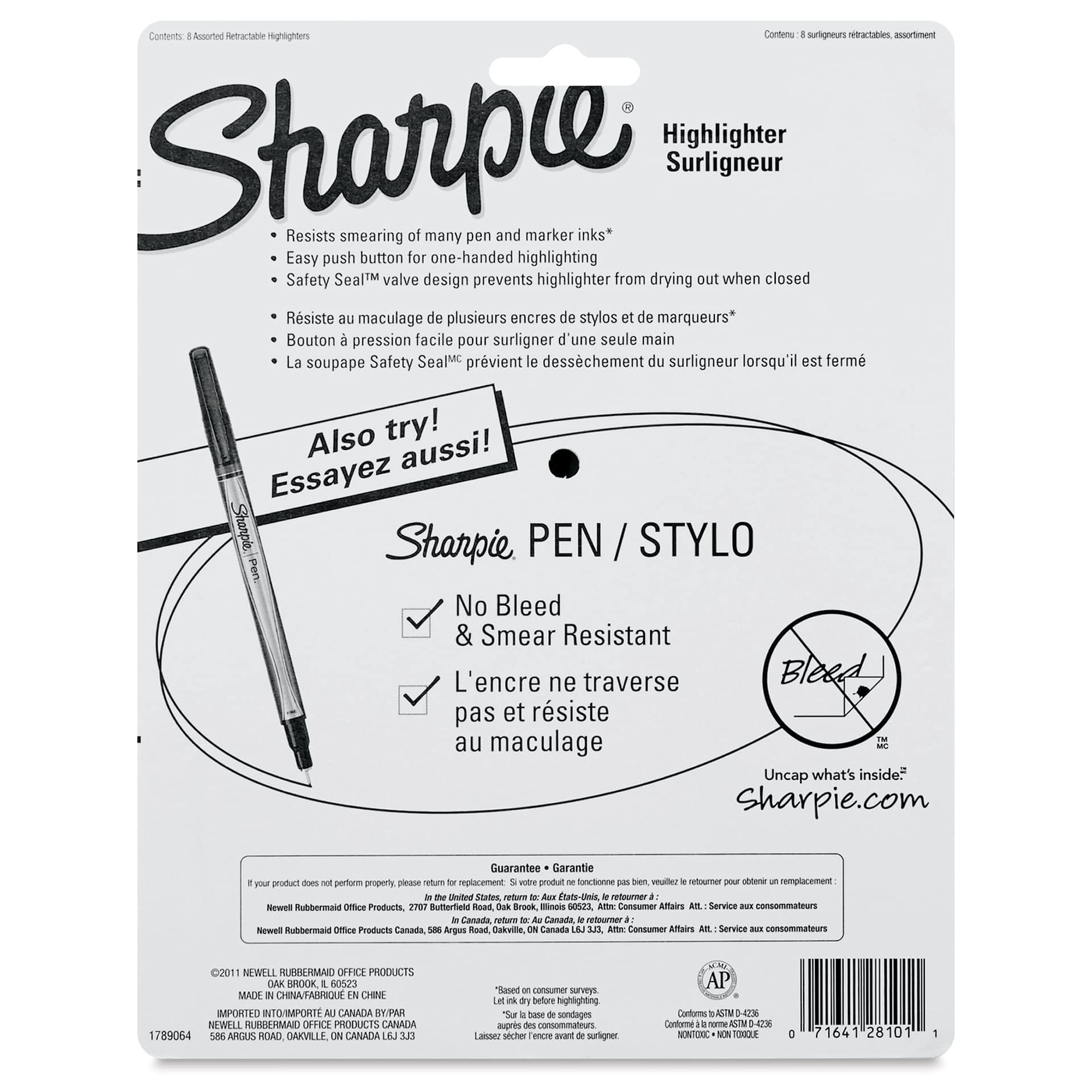 Sharpie Retractable Highlighters, back of packaging