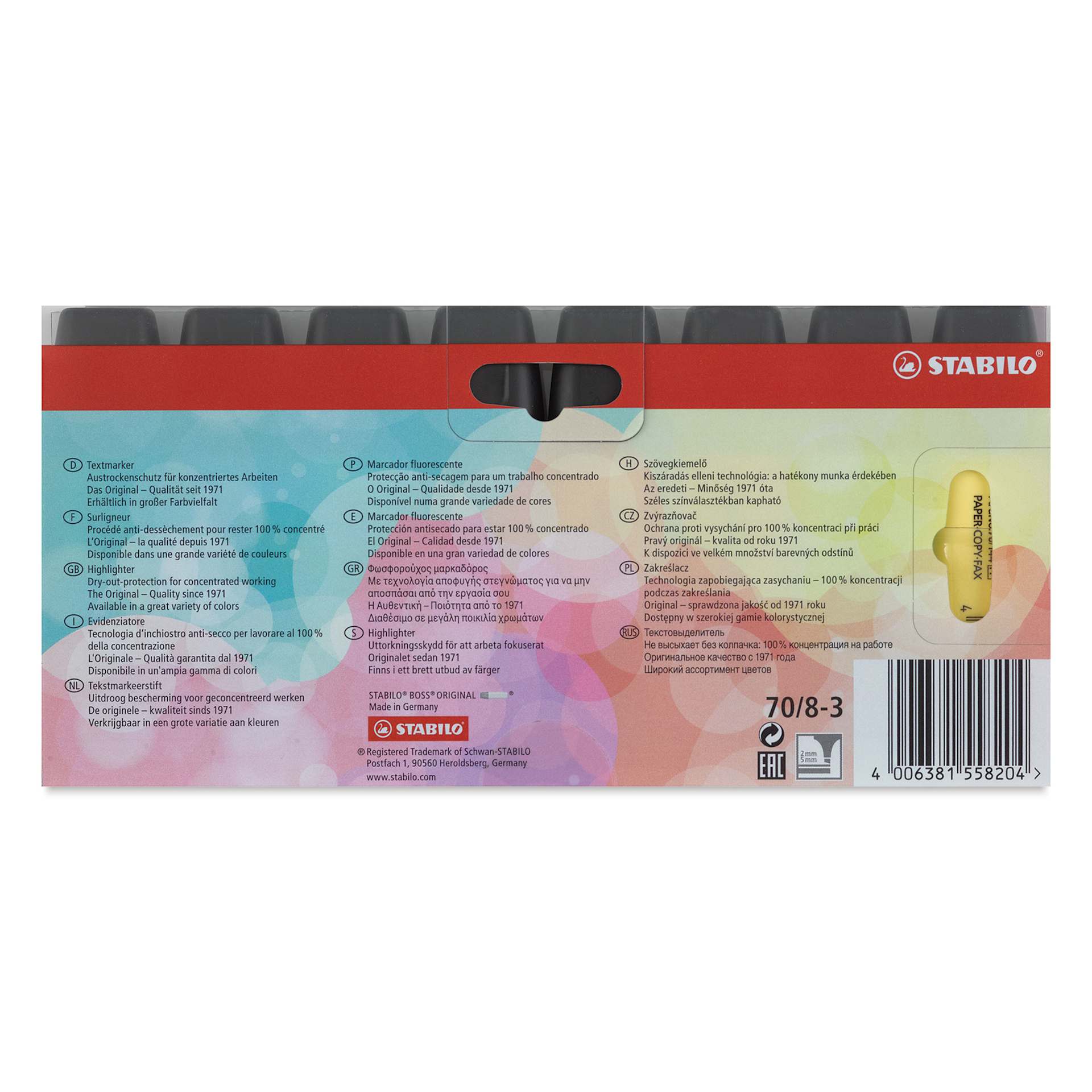 Stabilo Boss Original Highlighters - Pastel, Set of 8, back of the packaging