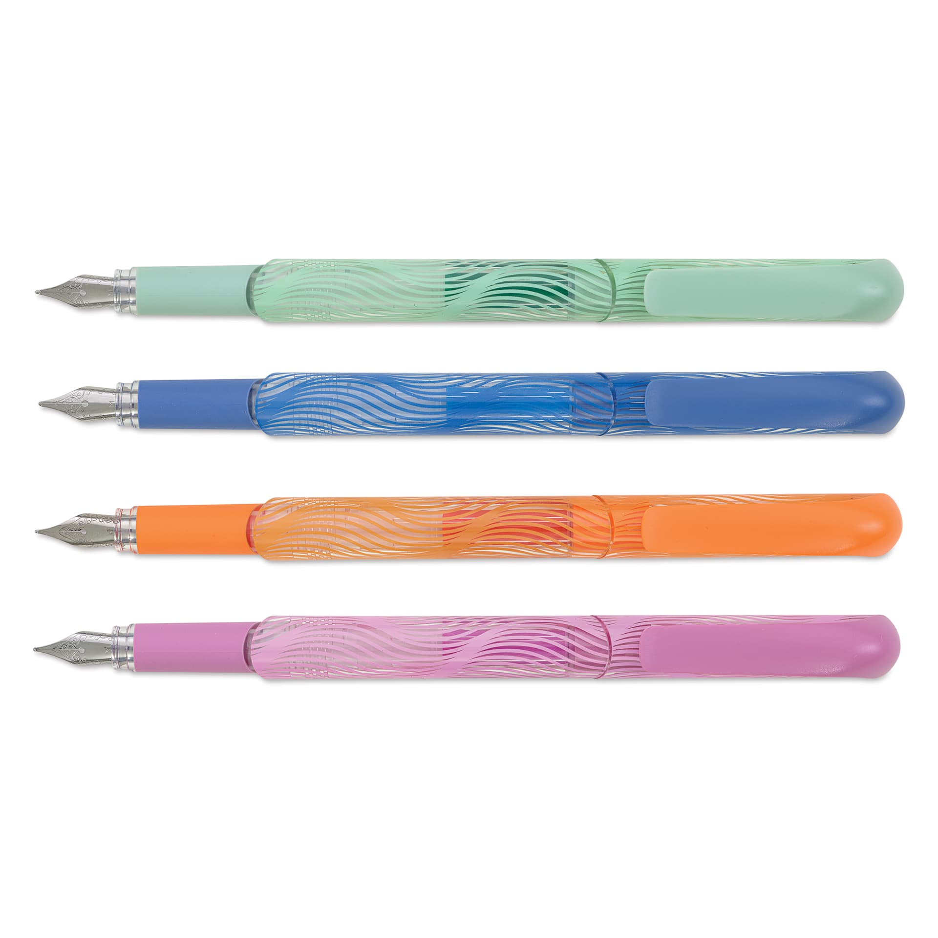 Manuscript Clarity Fountain Pens, multiple colors with caps off Manuscript Clarity Fountain Pens, multiple colors with caps off