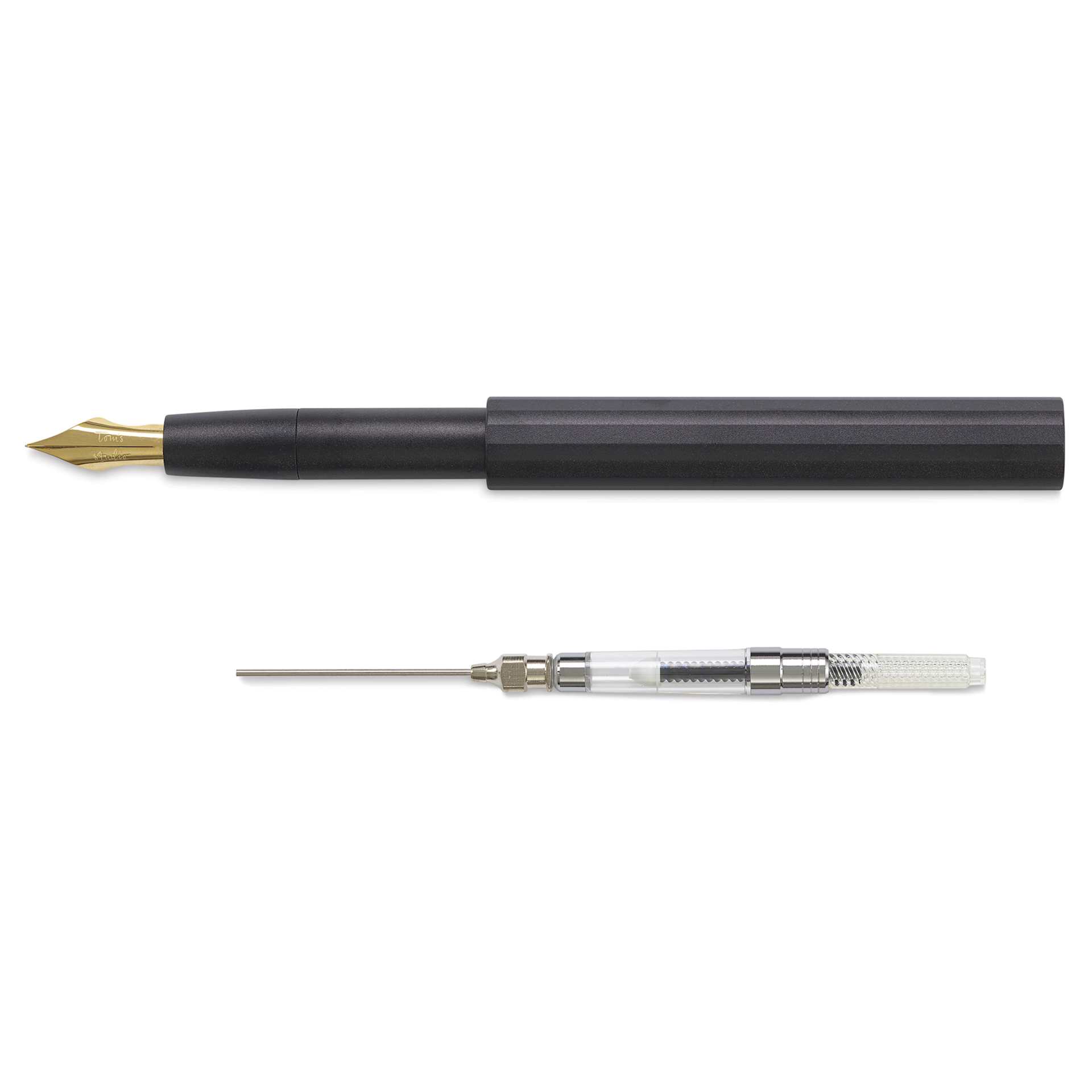 Tom's Studio Pocket Fountain Pen - Black, Extra Fine Semi-Flex Nib, pen uncapped and ink syringe