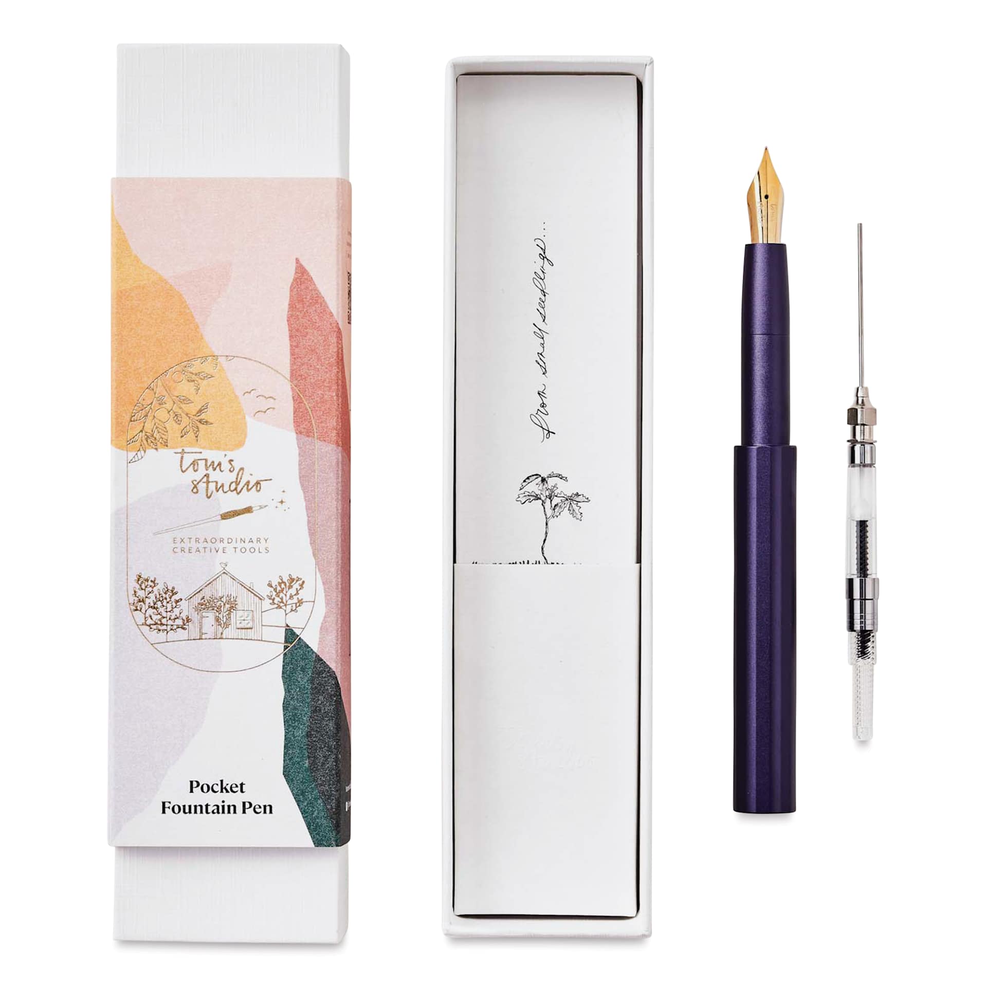 Tom's Studio Pocket Fountain Pen - Iris, Medium Nib packaging and contents