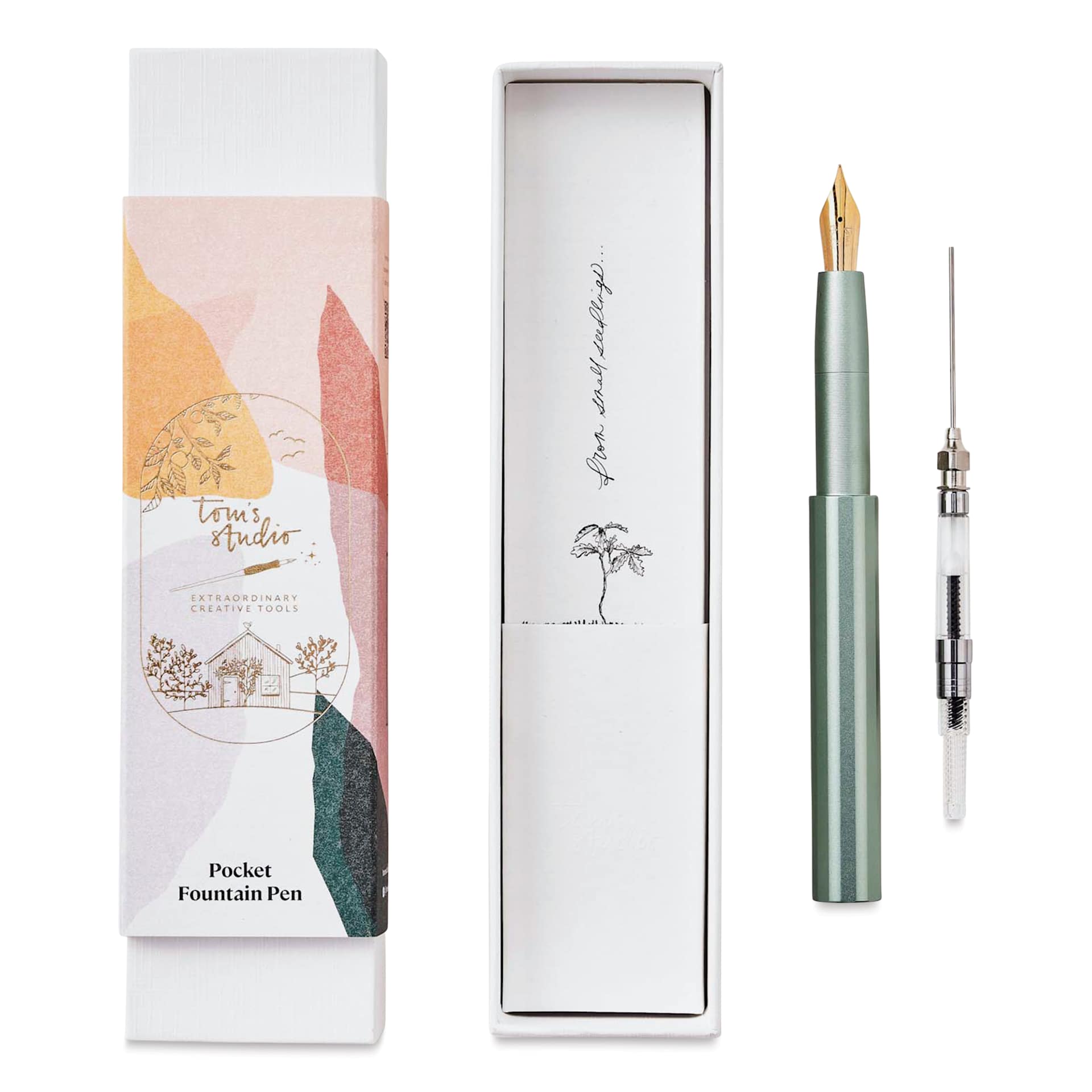 Tom's Studio Pocket Fountain Pen - Sage, Fine Nib packaging and contents