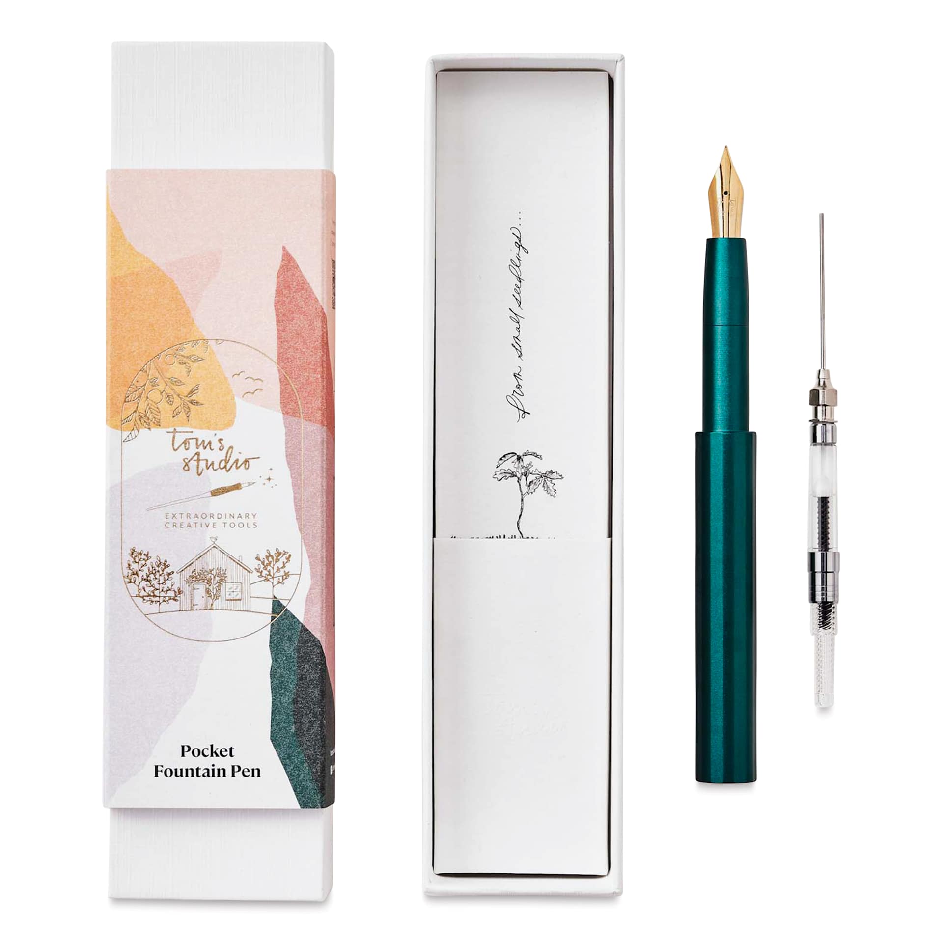 Tom's Studio Pocket Fountain Pen - Ivy, Medium Nib packaging and contents