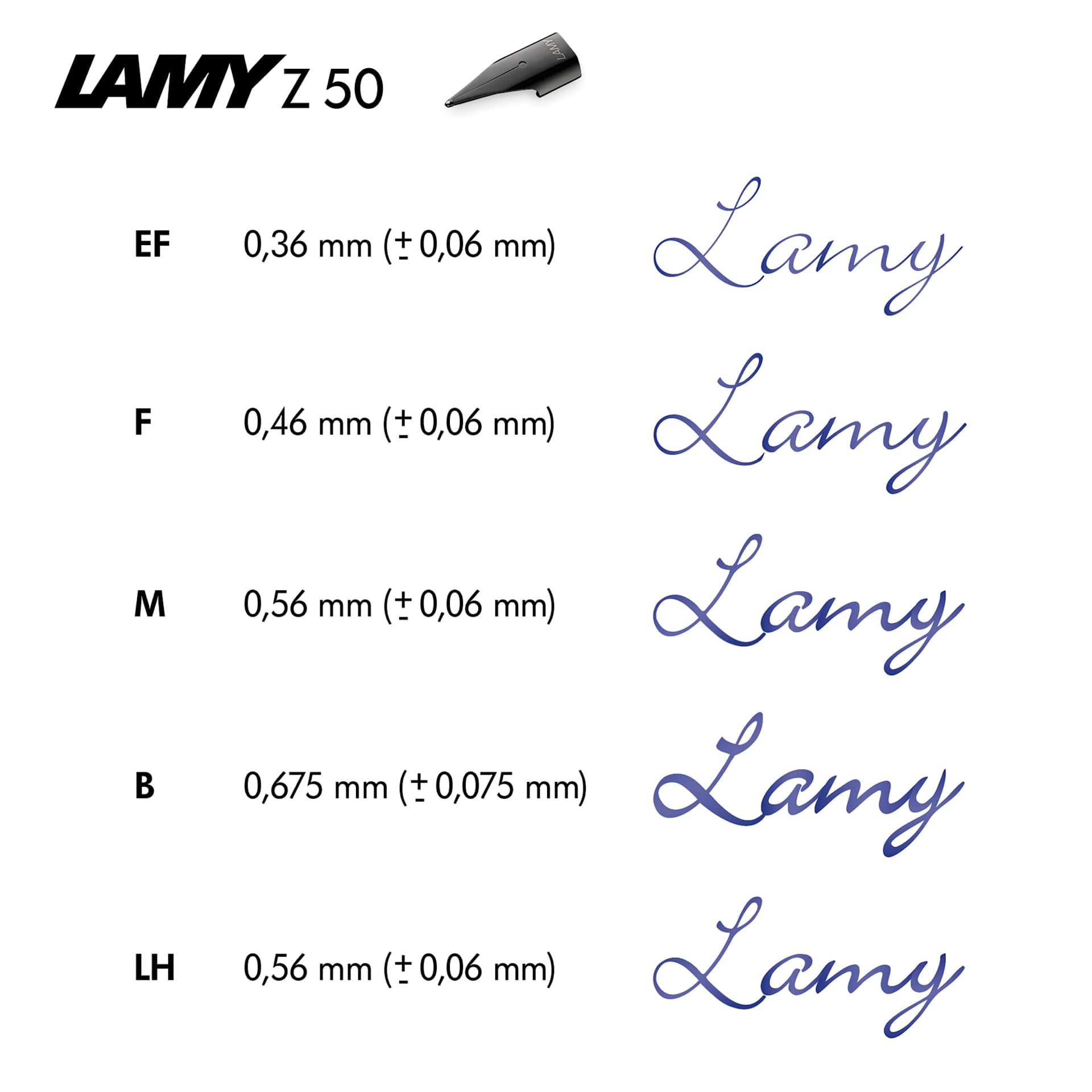 Lamy Z50 Fountain Pen Nibs, swatch of the stroke thickness of the Black nibs Lamy Z50 Fountain Pen Nibs, swatch of the stroke thickness of the Black nibs