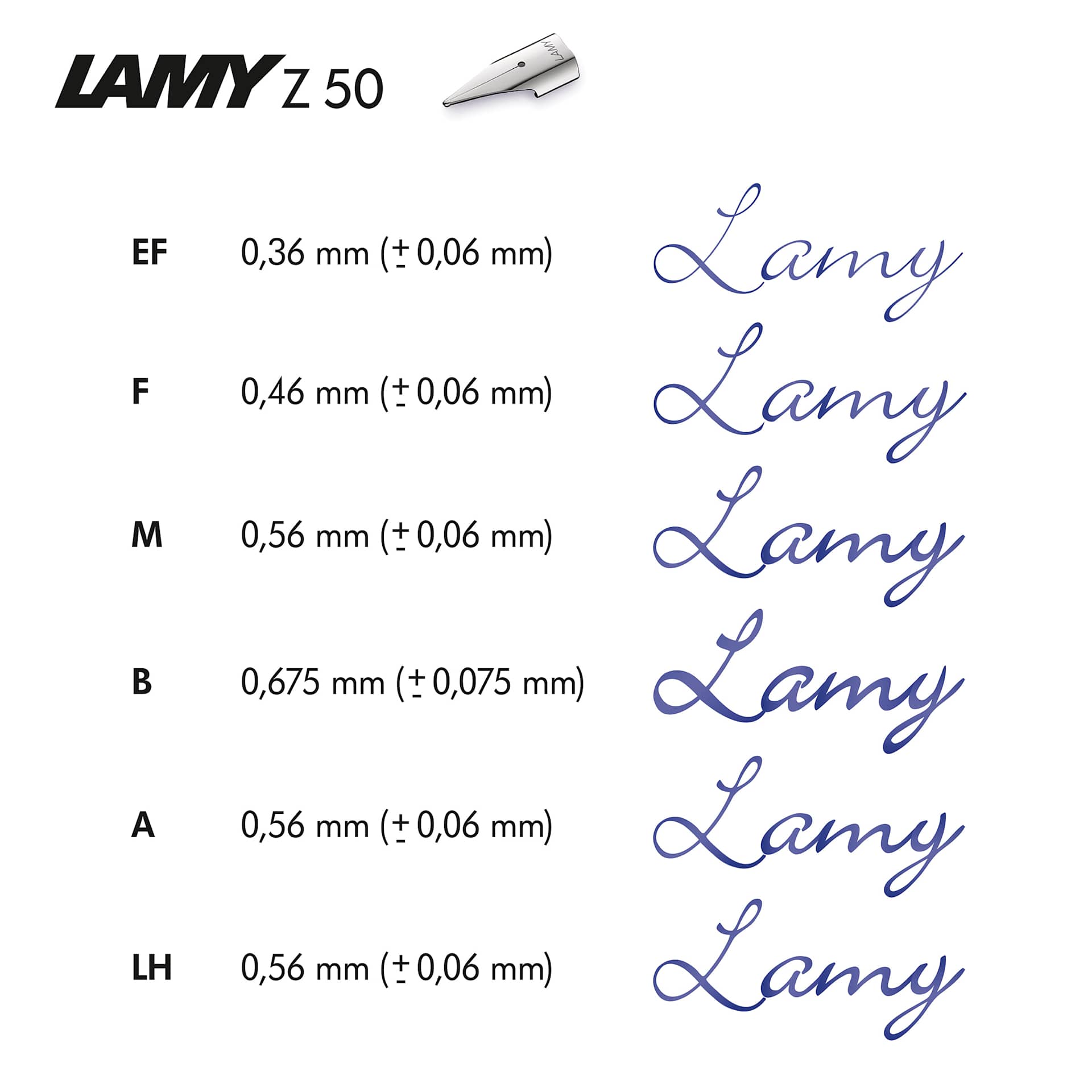 Lamy Z50 Fountain Pen Nibs, swatch of the stroke thickness of the Steel nibs Lamy Z50 Fountain Pen Nibs, swatch of the stroke thickness of the Steel nibs