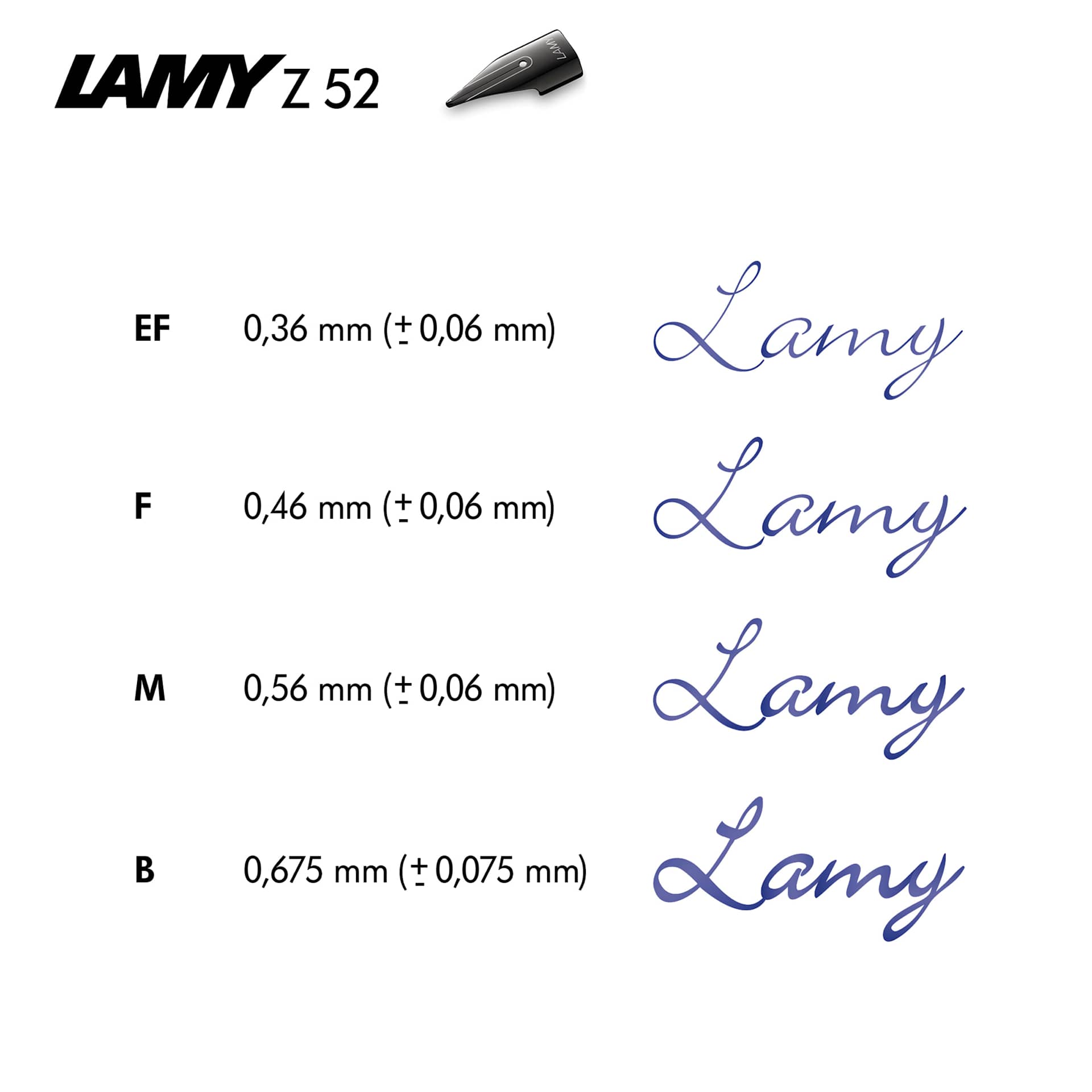 Lamy Z52 Fountain Pen Nibs, swatch showing stroke width of the nibs Lamy Z52 Fountain Pen Nibs, swatch showing stroke width of the nibs