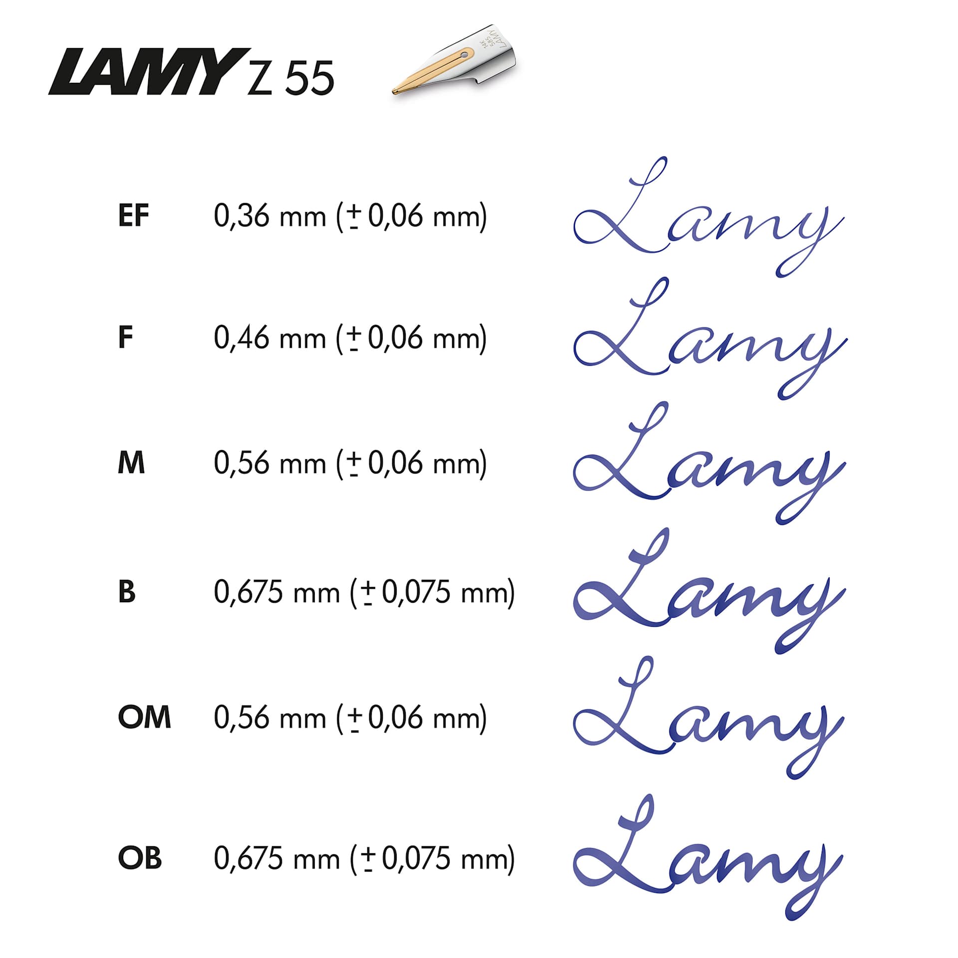 Lamy Z55 14K Gold Fountain Pen Nibs, swatch of the stroke thickness of the nibs Lamy Z55 14K Gold Fountain Pen Nibs, swatch of the stroke thickness of the nibs