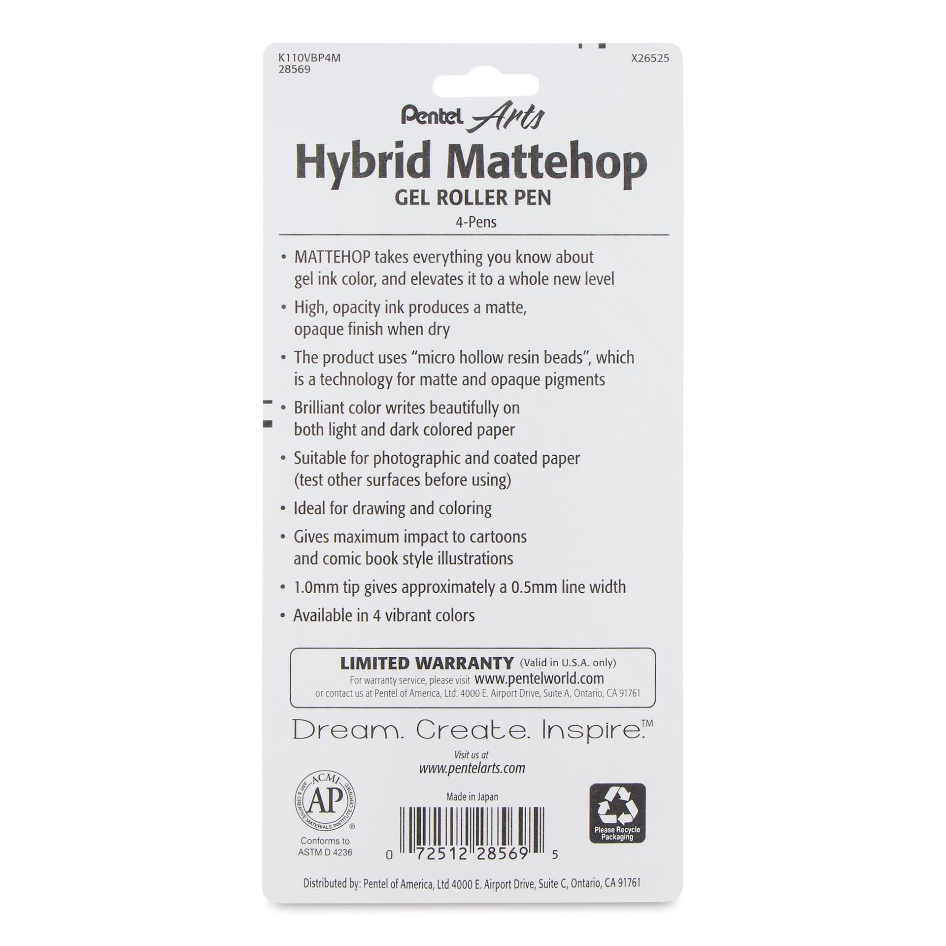 Pentel Arts Hybrid Mattehop Gel Roller Pens - Set A, Set of 4, back of the packaging