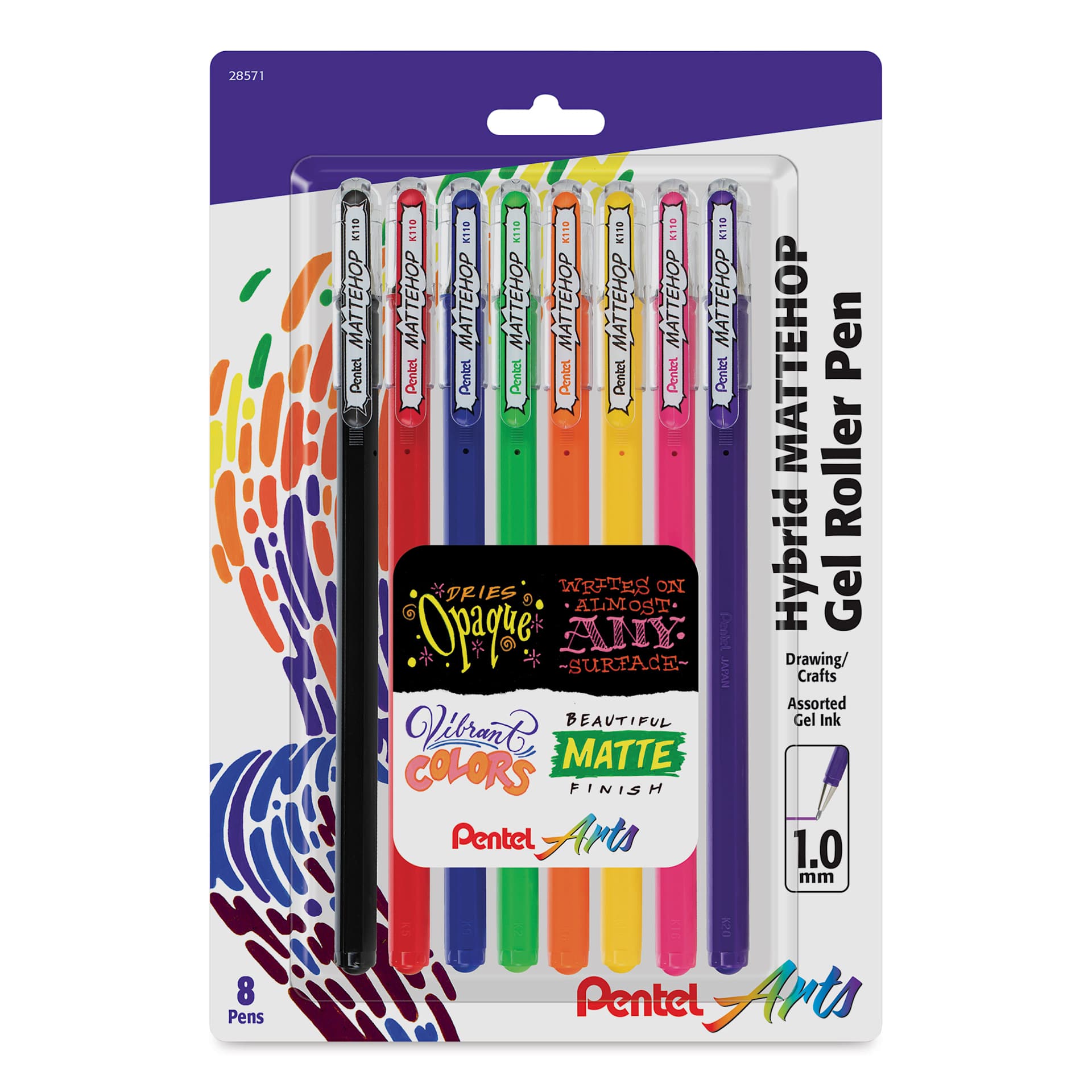 Pentel Arts Hybrid Mattehop Gel Roller Pens - Set of 8, front of the packaging Pentel Arts Hybrid Mattehop Gel Roller Pens - Set of 8, front of the packaging