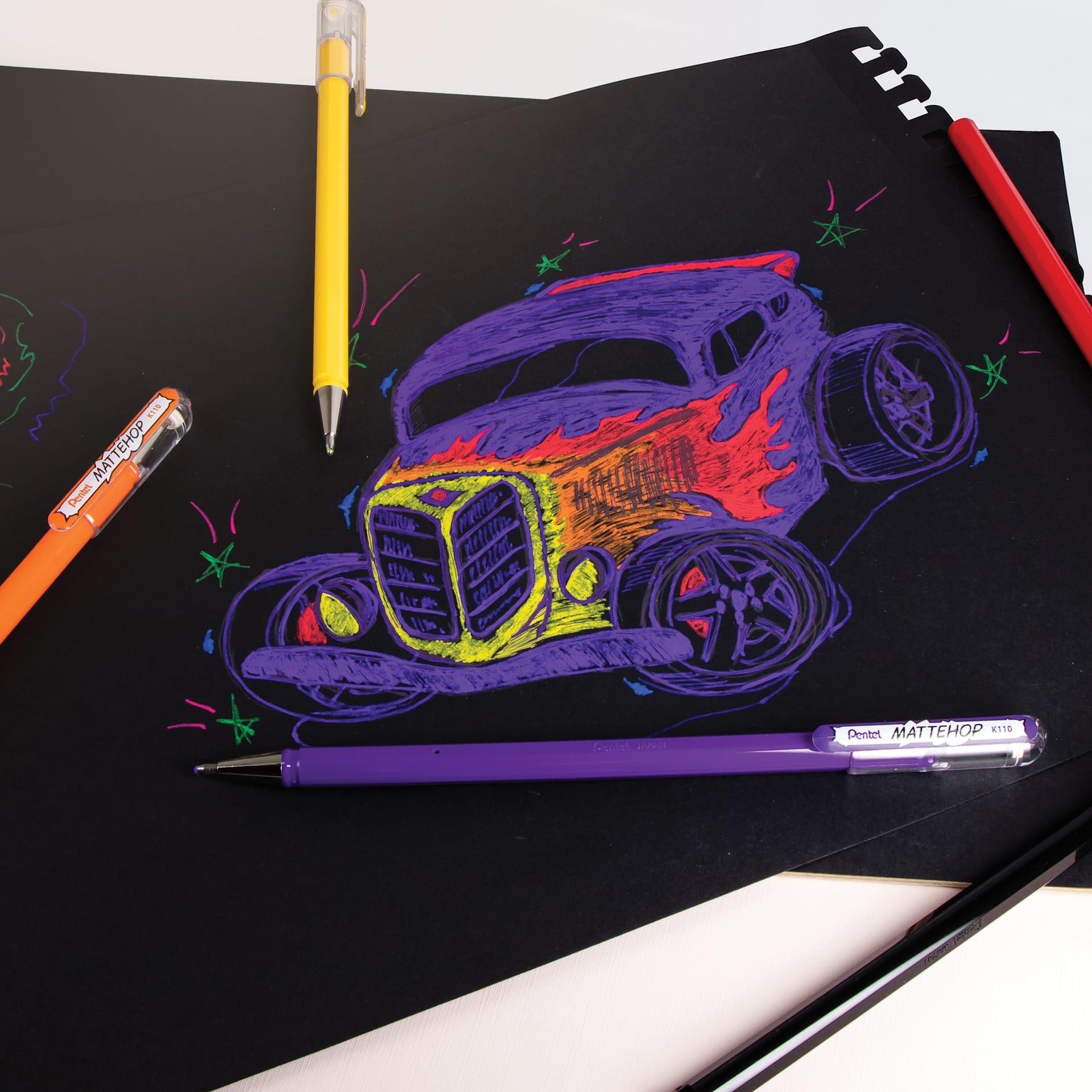 Pentel Arts Hybrid Mattehop Gel Roller Pens, finished artwork of a car on Black paper Pentel Arts Hybrid Mattehop Gel Roller Pens, finished artwork of a car on Black paper