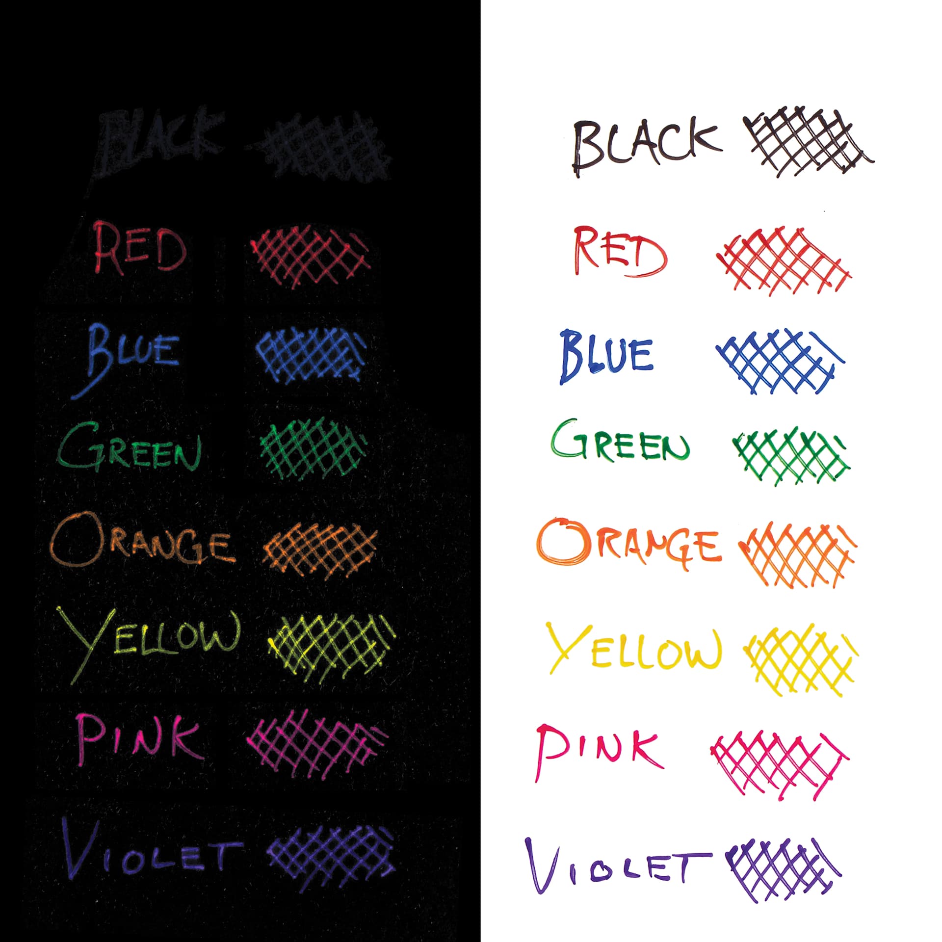 Pentel Arts Hybrid Mattehop Gel Roller Pens, swatches in dark and light paper Pentel Arts Hybrid Mattehop Gel Roller Pens, swatches in dark and light paper