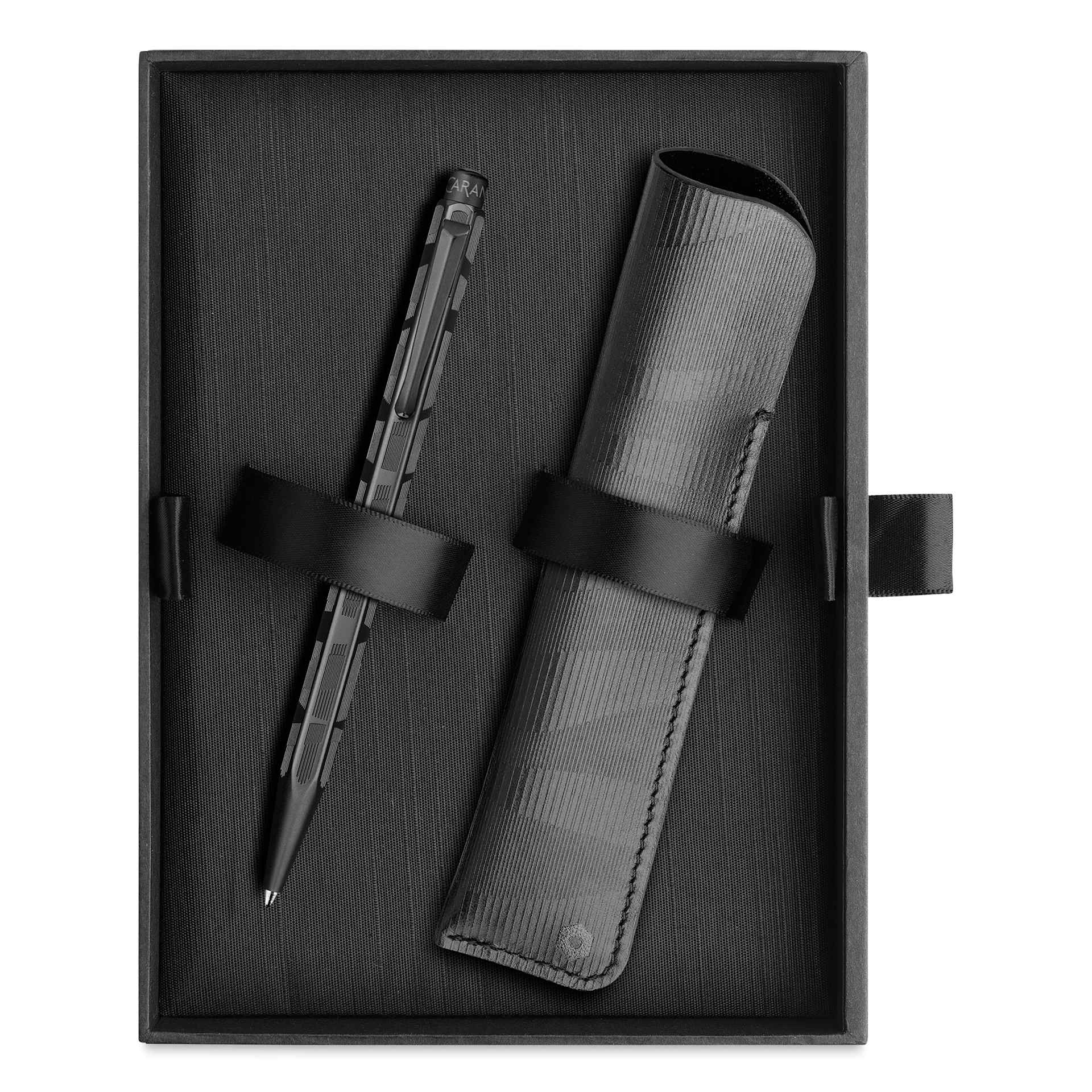 Caran d’Ache Ecridor Black Lines Ballpoint Pen and Leather Case Set, contents shown inside of box