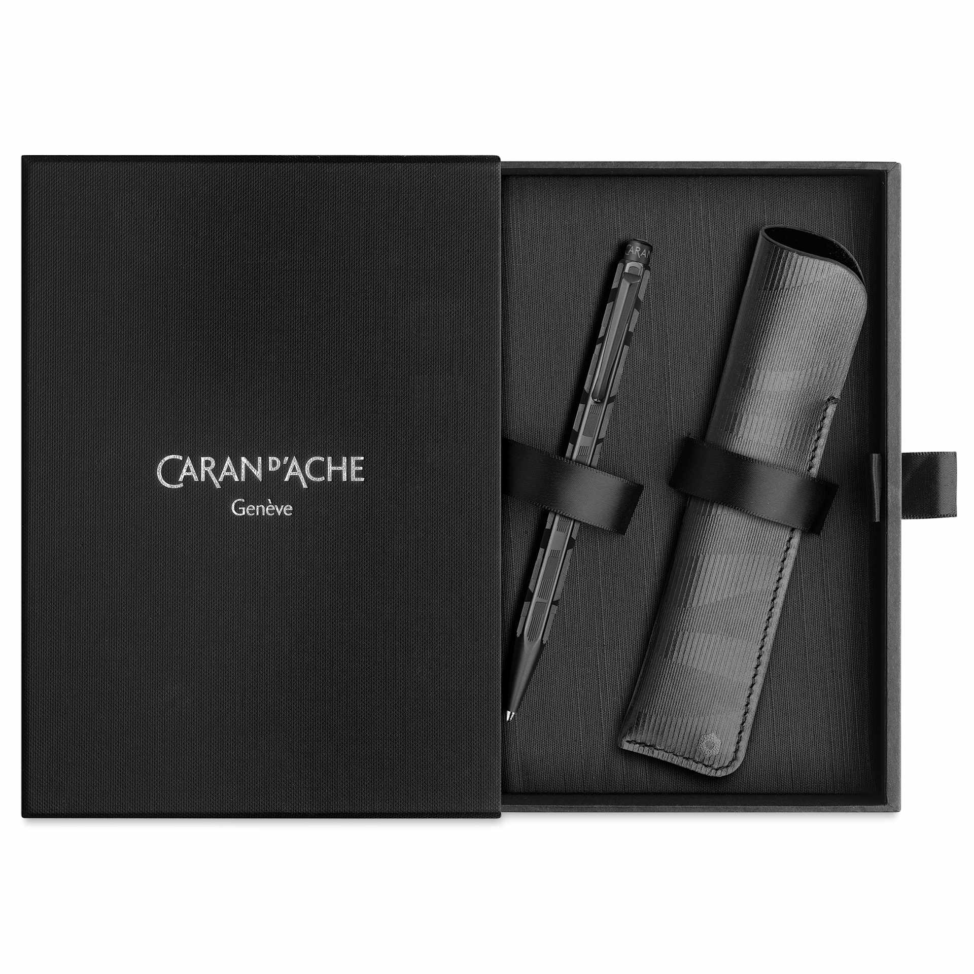 Caran d’Ache Ecridor Black Lines Ballpoint Pen and Leather Case Set, contents inside of the box