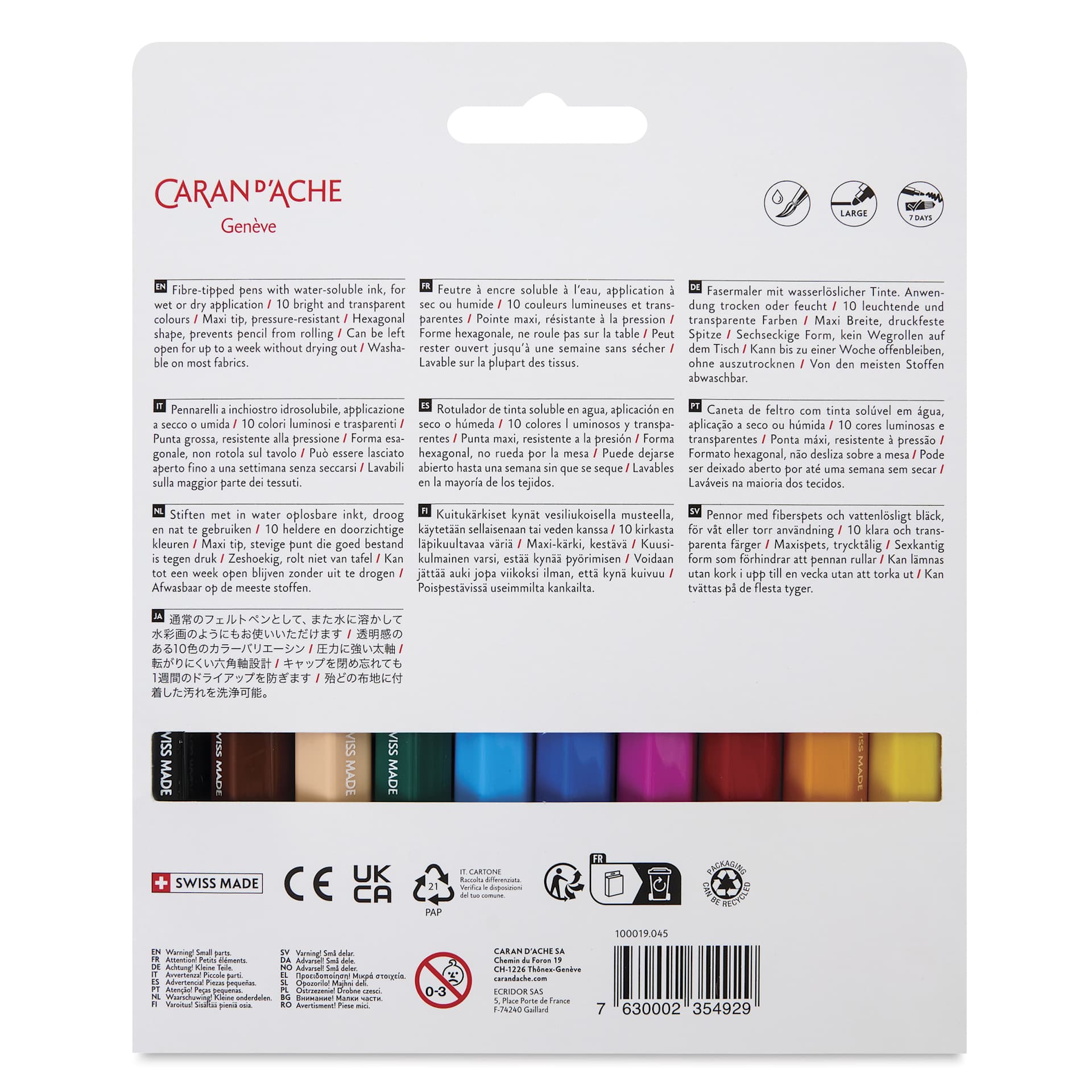 Caran d’Ache Swisscolor Aquarelle Maxi Markers - Assorted Colors, Set of 10, back of packaging
