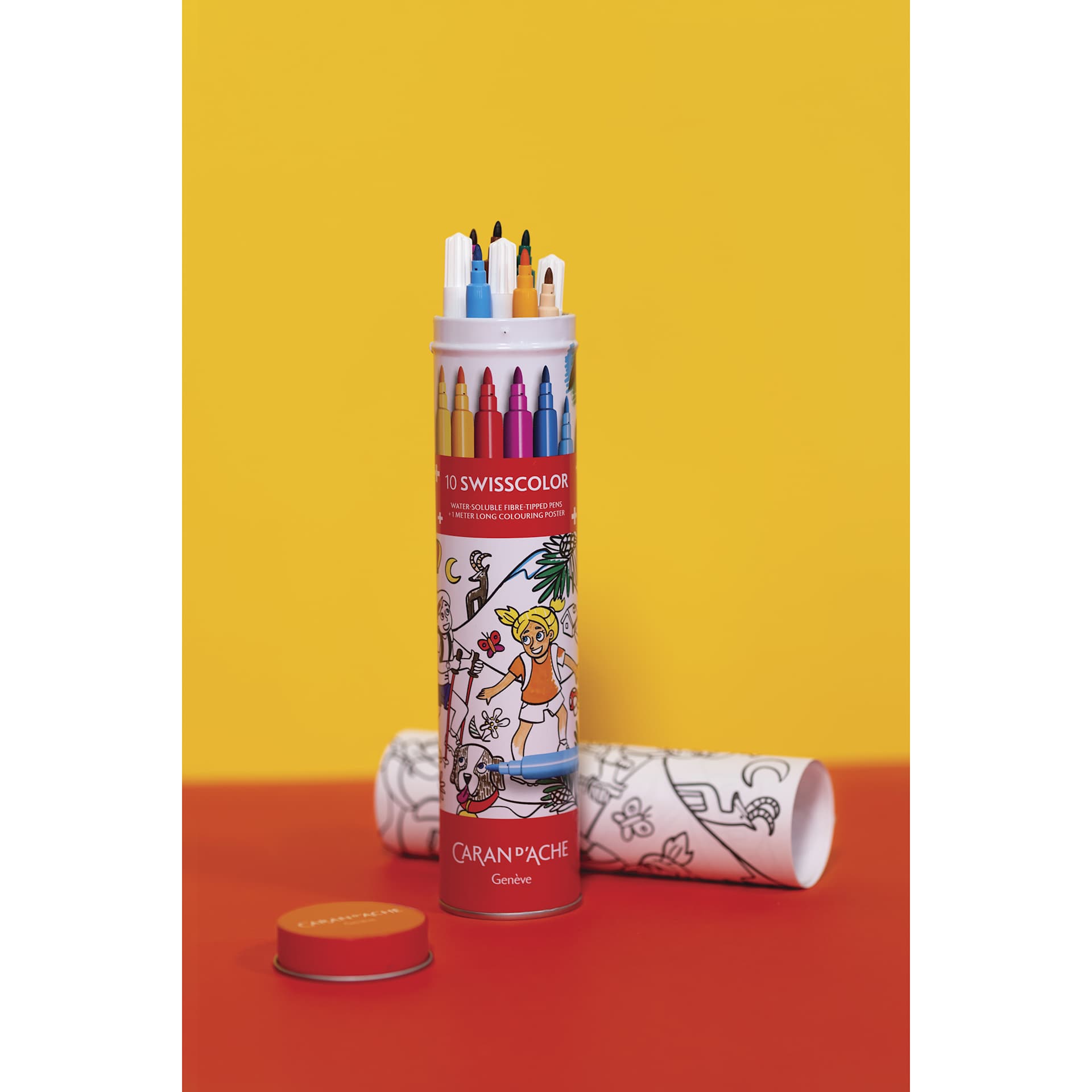 Caran d’Ache Swisscolor Aquarelle Markers - Assorted Colors, Set of 10 with Poster, with packaging