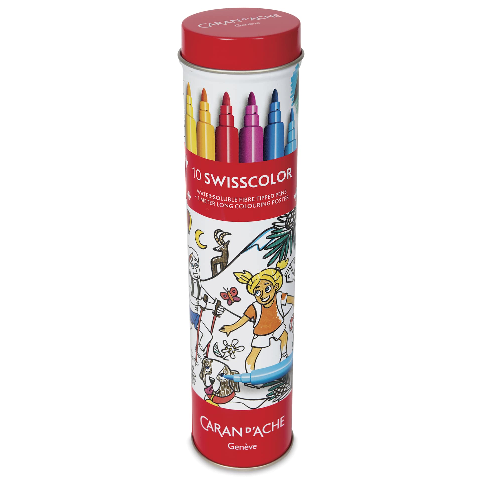 Caran d’Ache Swisscolor Aquarelle Markers - Assorted Colors, Set of 10 with Poster, front of tube