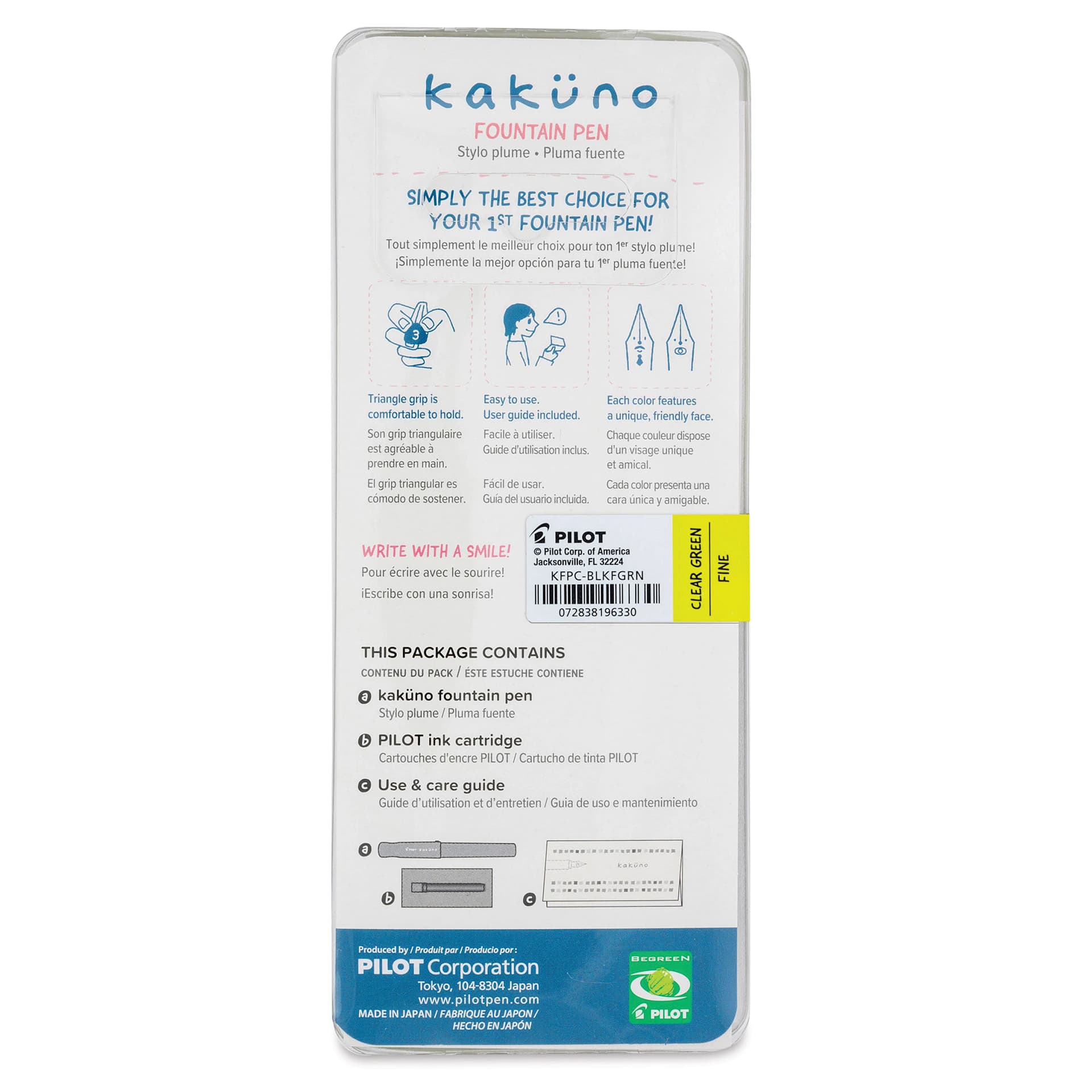 Pilot Kakuno Fountain Pen - Green, Fine Nib, back of package