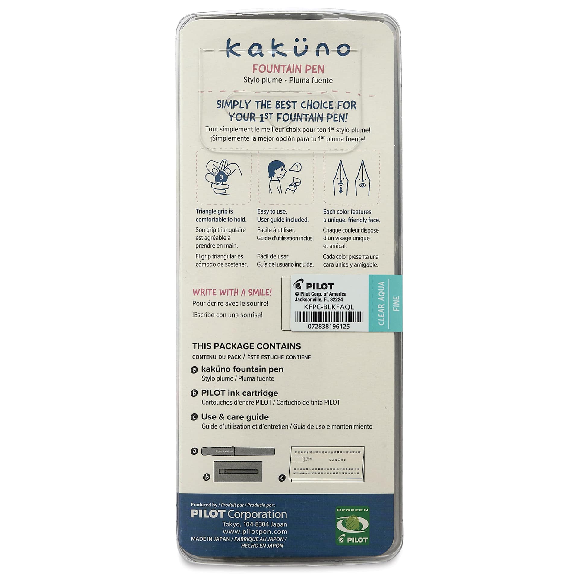 Pilot Kakuno Fountain Pen - Aqua, Fine Nib, back of package
