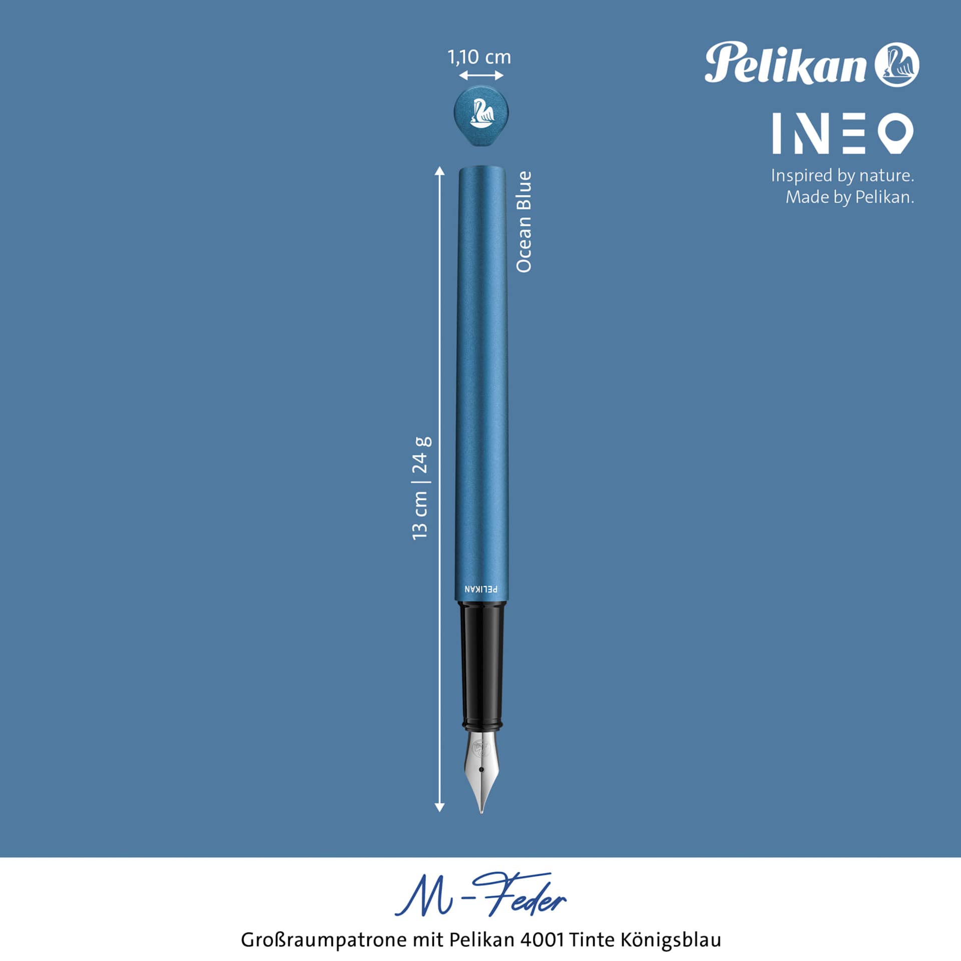 Pelikan Ineo Fountain Pen - Ocean Blue with dimension