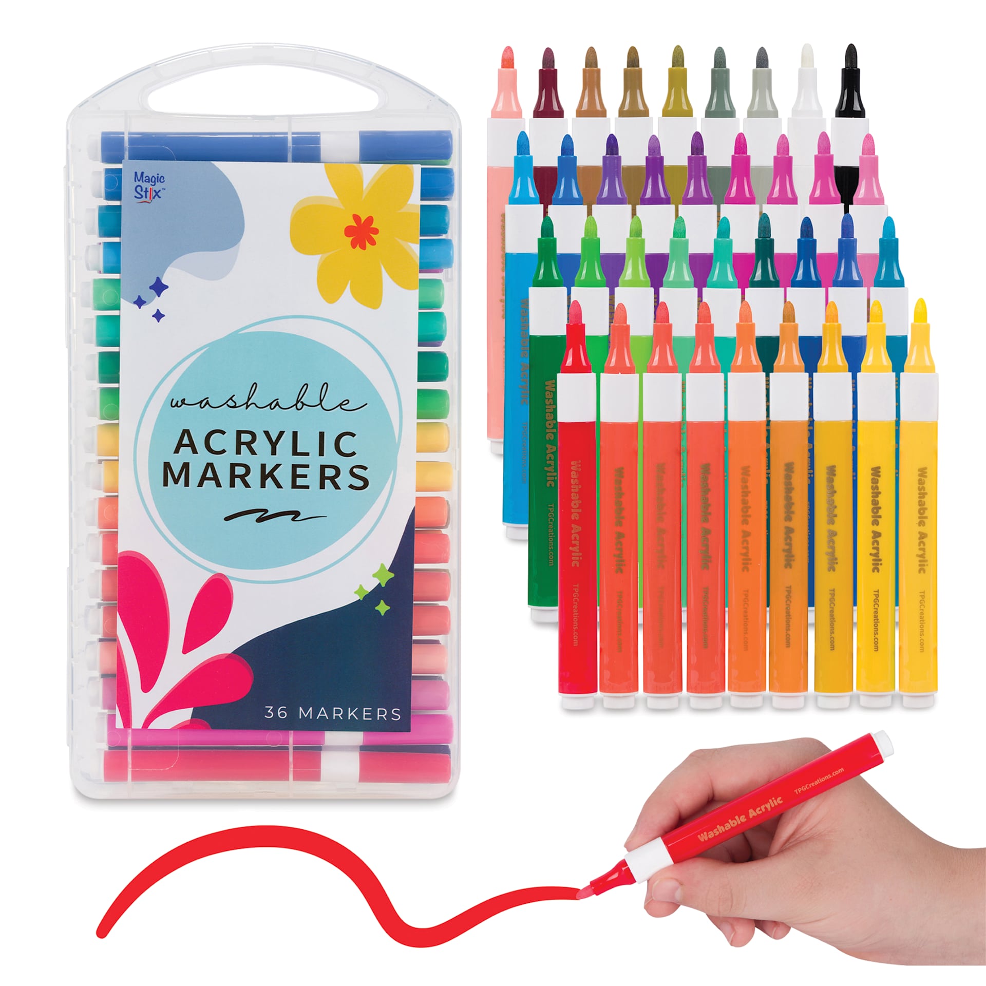 Magic Stix Washable Acrylic Markers - Assorted Color, Set of 36, one marker in hand showing stroke