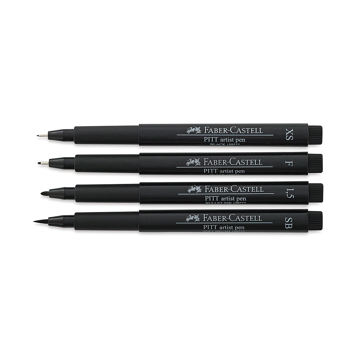 Faber-Castell Pitt Artist Pen Comic Set - 4 Black pens shown horizontally and uncapped
