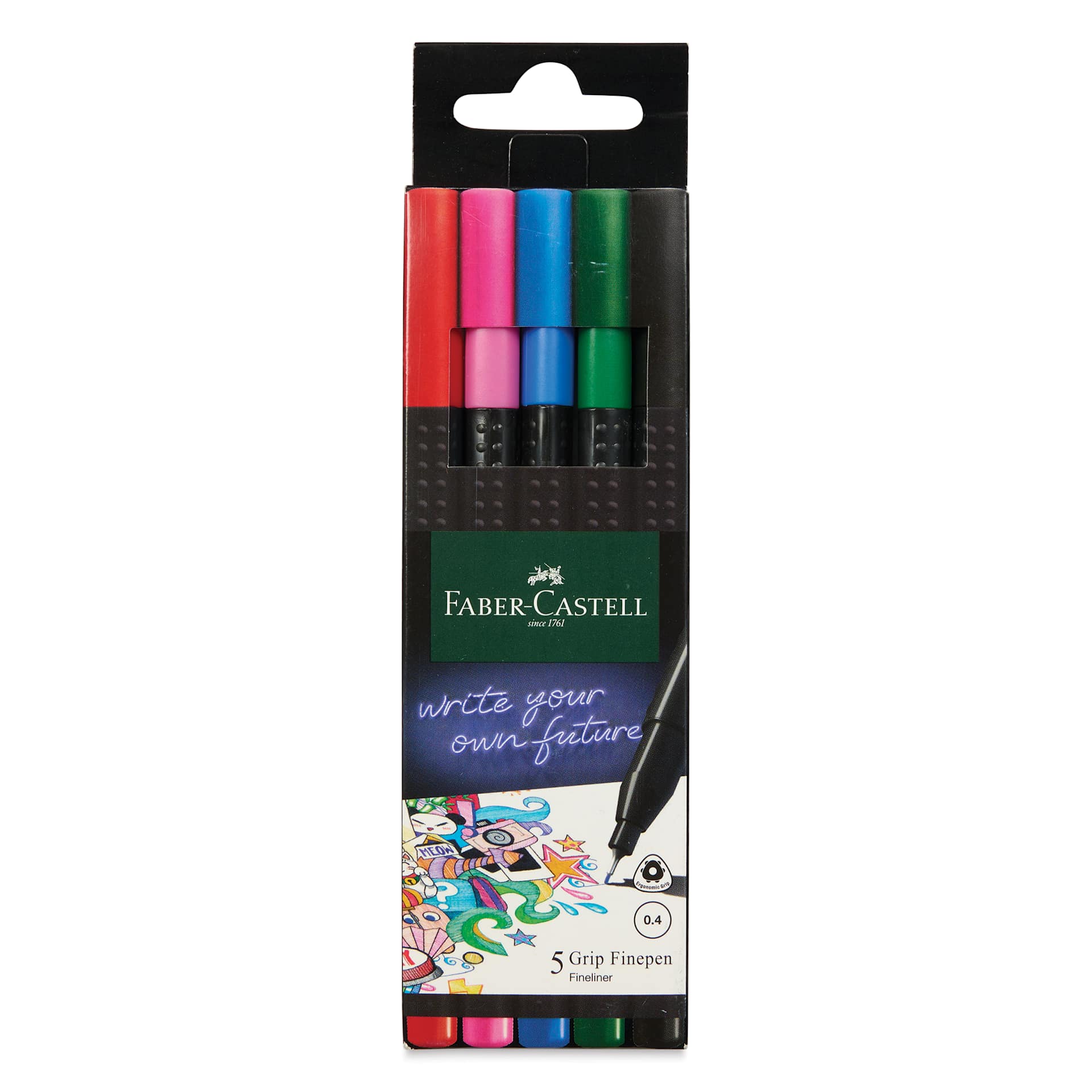 Faber-Castell Black Edition Grip Fineliners - Basic Colors, Set of 5, front of the packaging Faber-Castell Black Edition Grip Fineliners - Basic Colors, Set of 5, front of the packaging