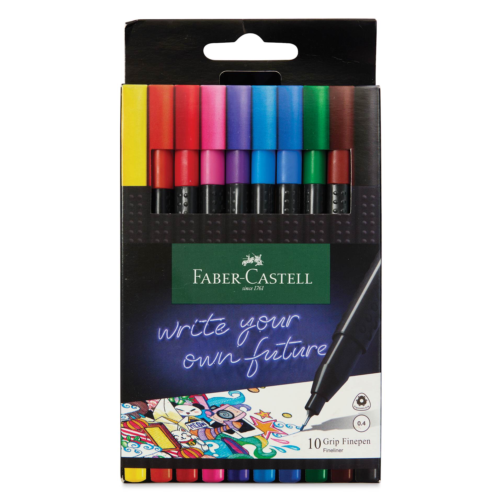 Faber-Castell Black Edition Grip Fineliners - Assorted Colors, Set of 10, front of the packaging Faber-Castell Black Edition Grip Fineliners - Assorted Colors, Set of 10, front of the packaging