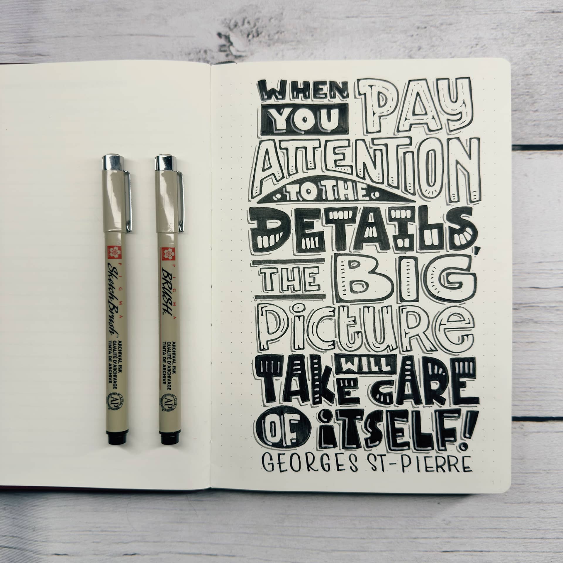 Sakura Pigma Brush and Sketch Brush Pens, quote written by pens on a notebook (not included)