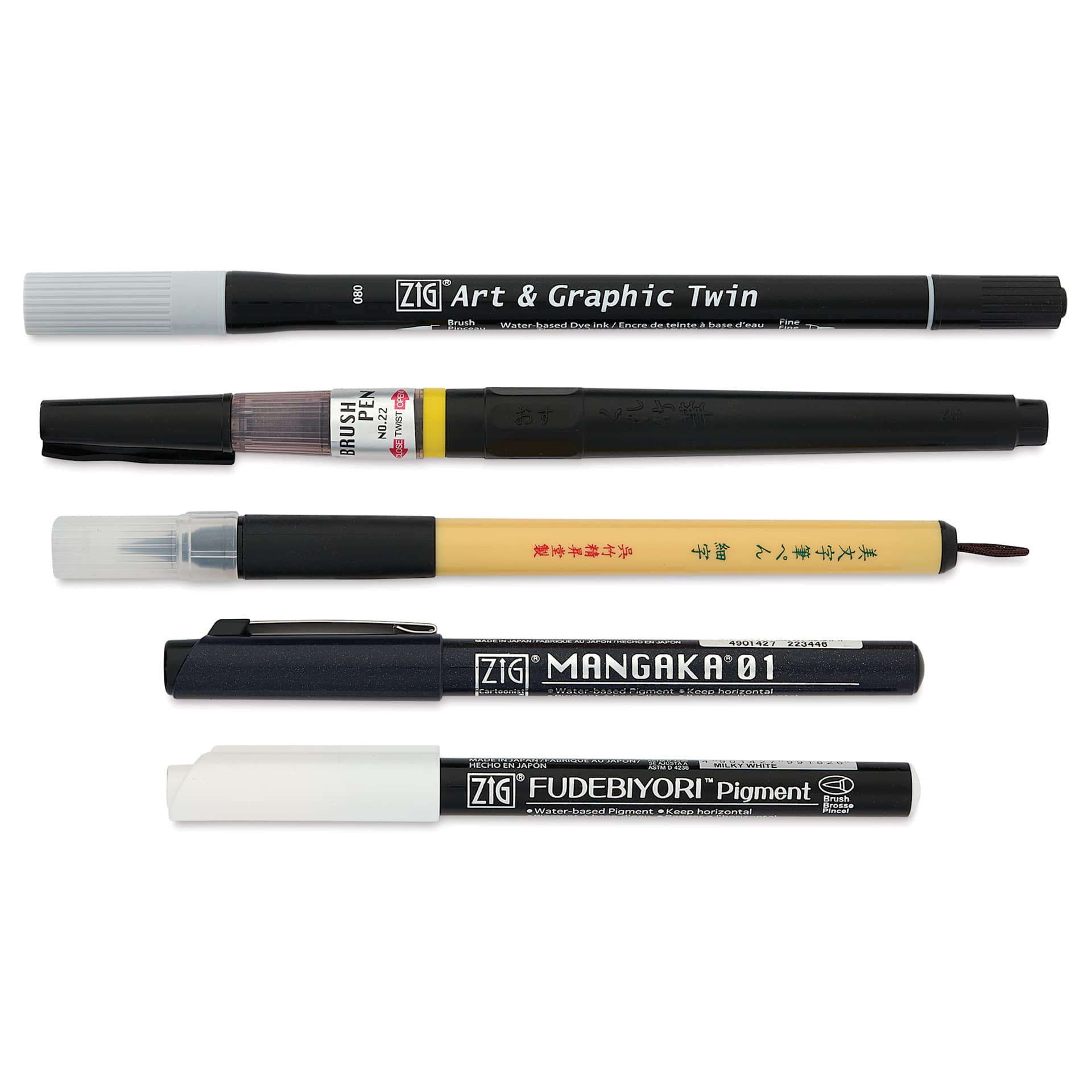 Kuretake Zig Illustration Set - Set of 5, Basic No. 2, contents, capped
