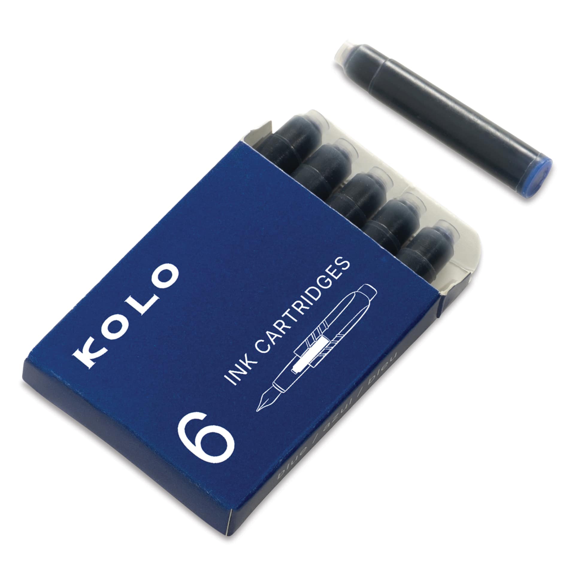 Kolo Fountain Pen Ink Cartridges - Pkg of 6, Blue, open packaging showing cartridges