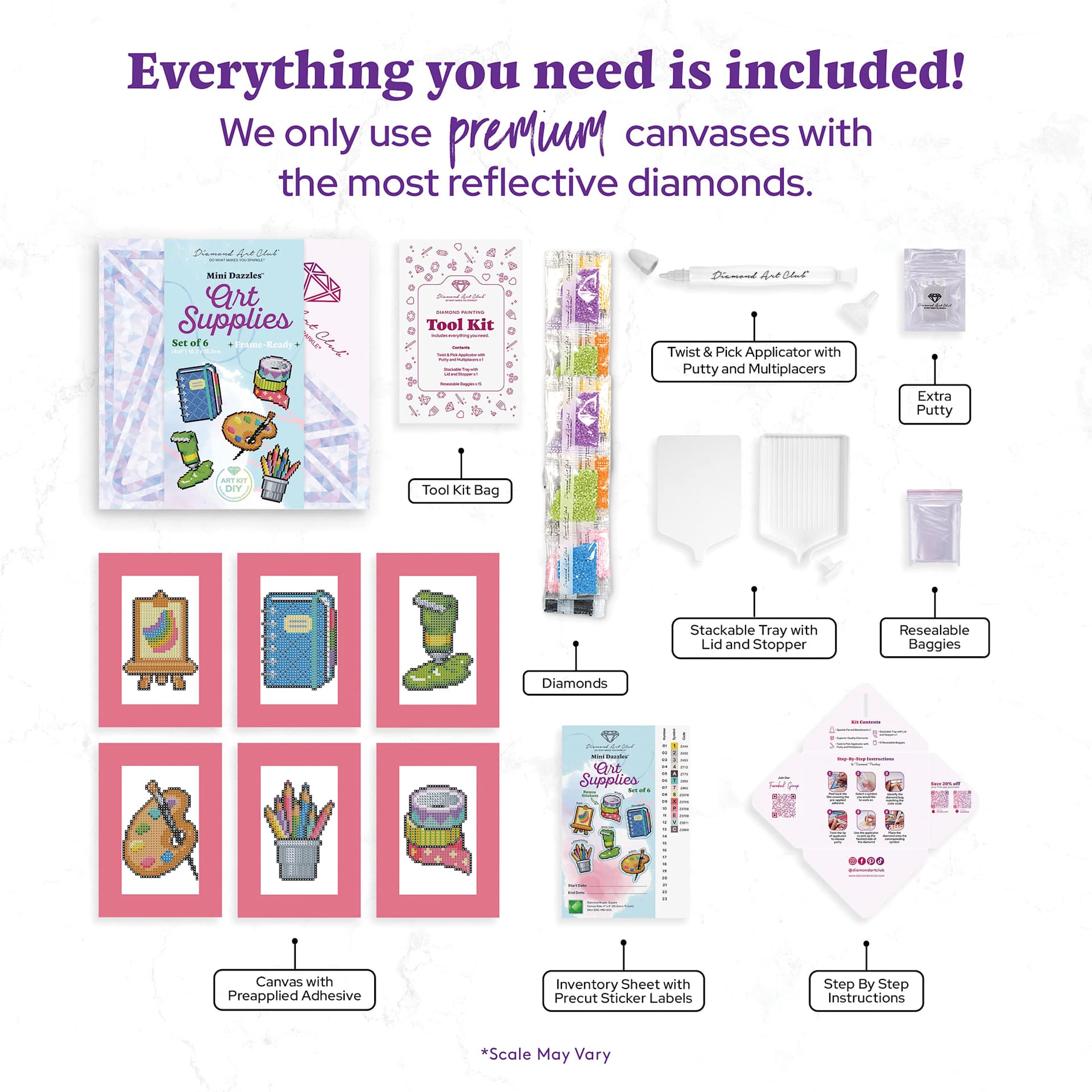 Everything you need is included! Premium diamond painting kit includes six pre-printed adhesive canvases, reflective diamonds, tool kit, applicator pen, wax, tray with lid, resealable bags, inventory sheet with labels, and step-by-step instructions.